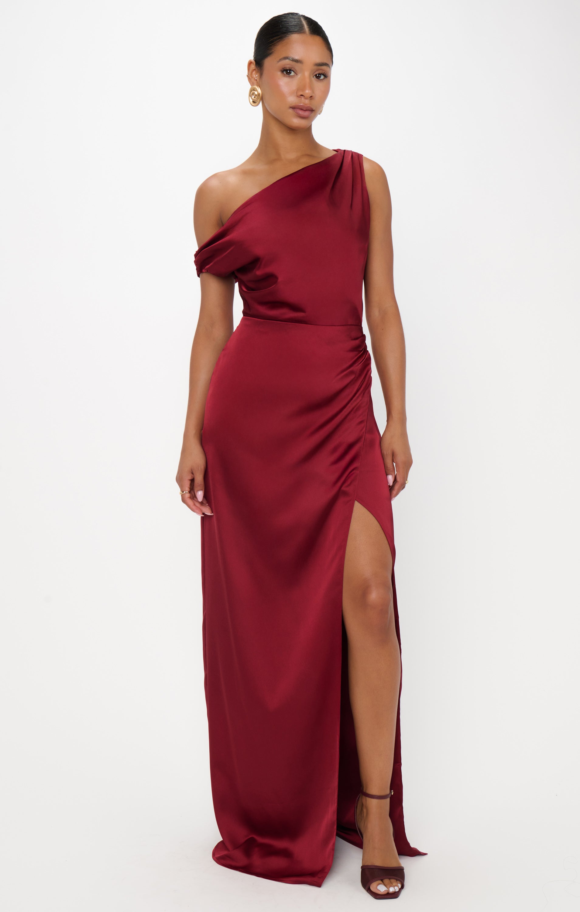 Elegant Satin Jodie Dress with Draped Neckline & Side Slit | Cranberry Luxe