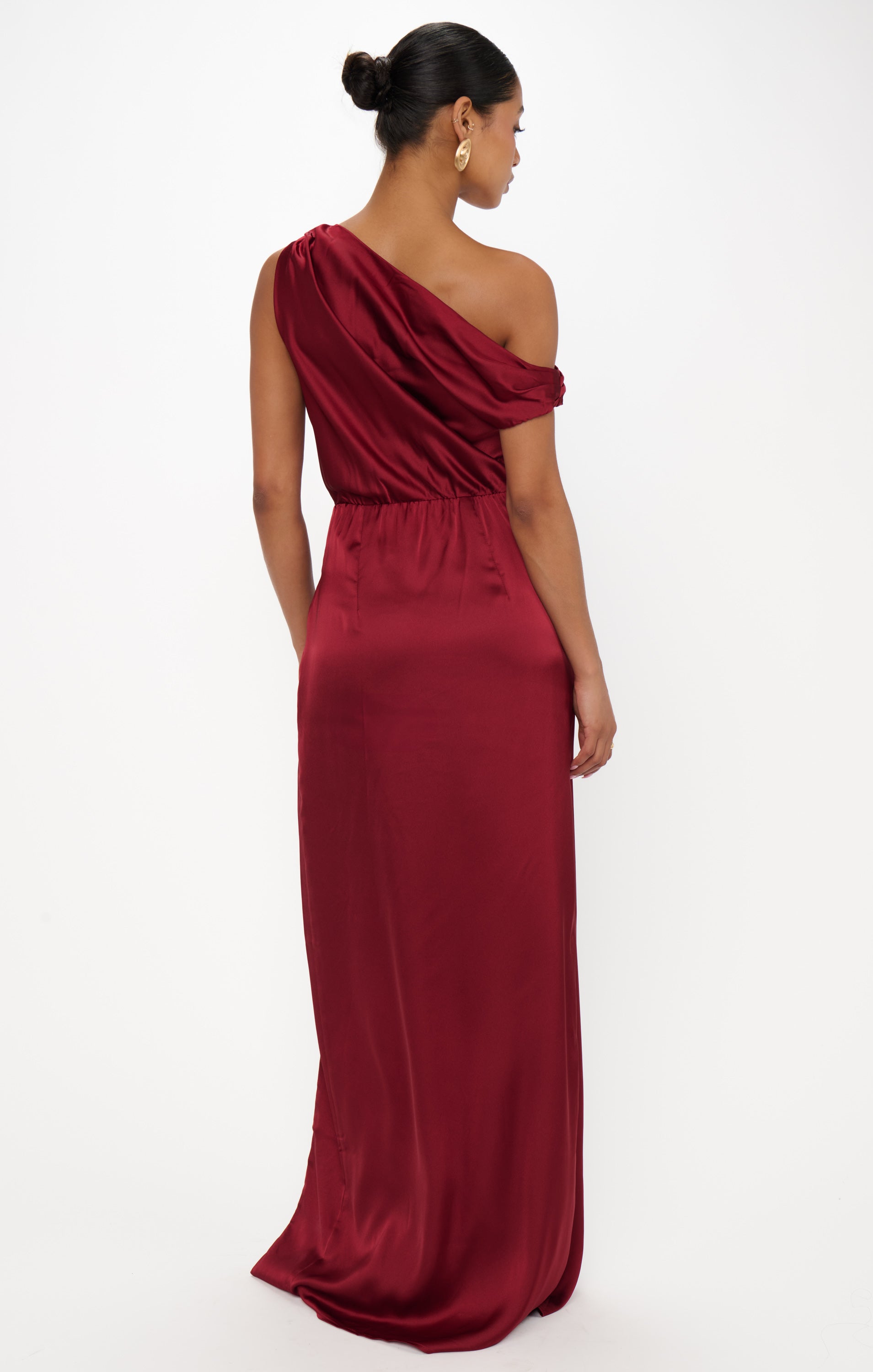Elegant Satin Jodie Dress with Draped Neckline & Side Slit | Cranberry Luxe