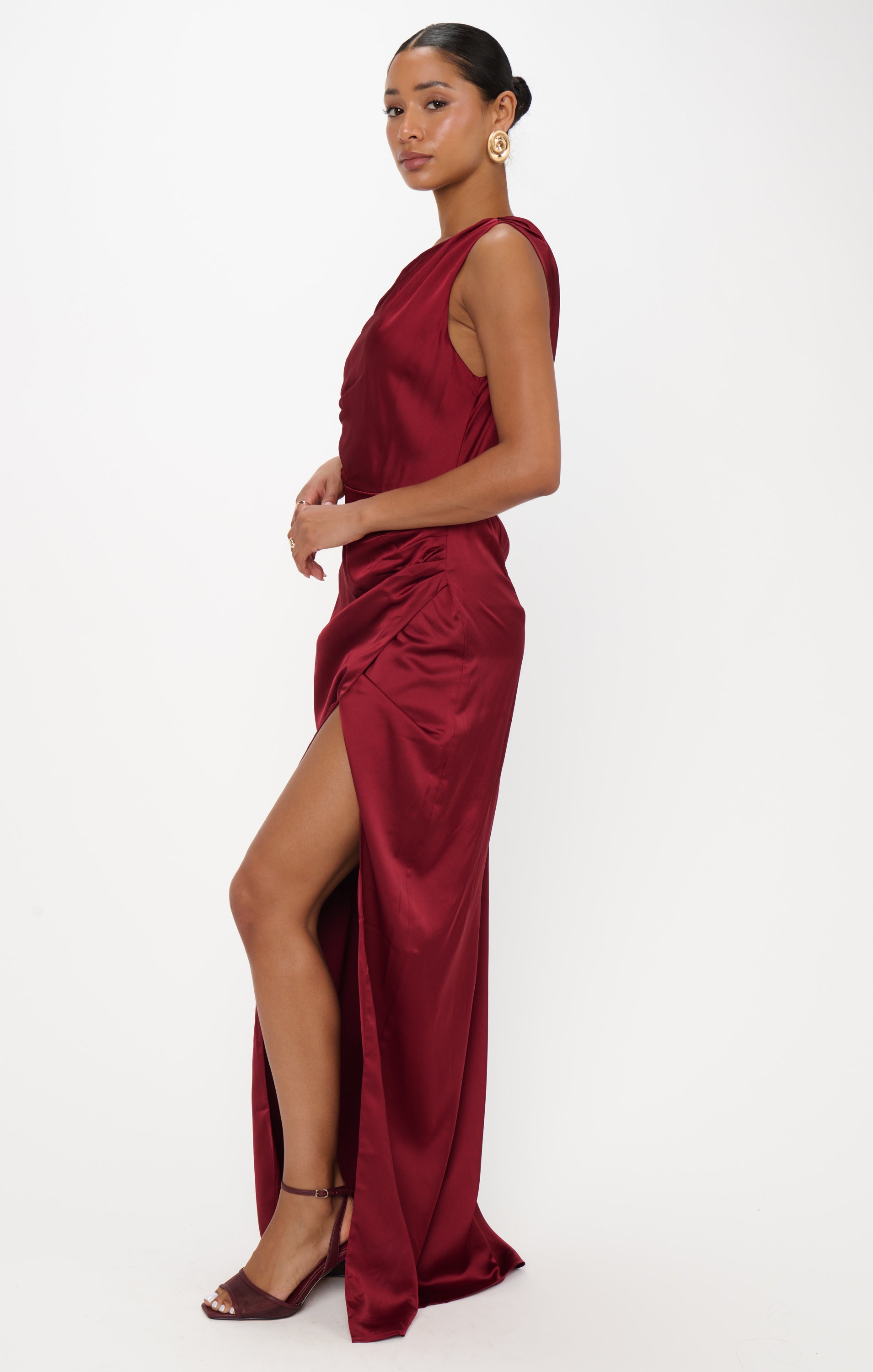 Elegant Satin Jodie Dress with Draped Neckline & Side Slit | Cranberry Luxe