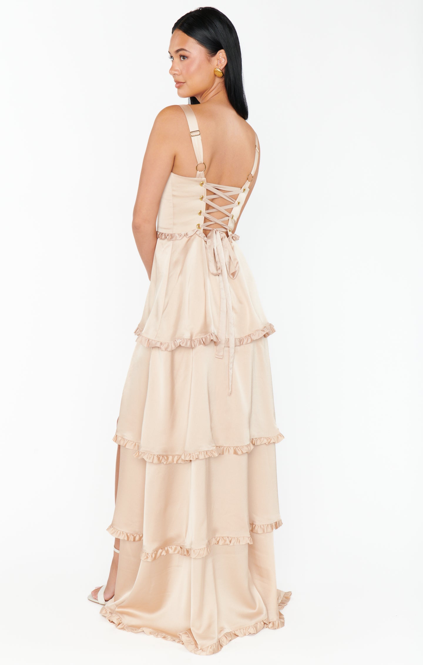 Champagne Satin Corset Dress with Slit | Lady Luxe