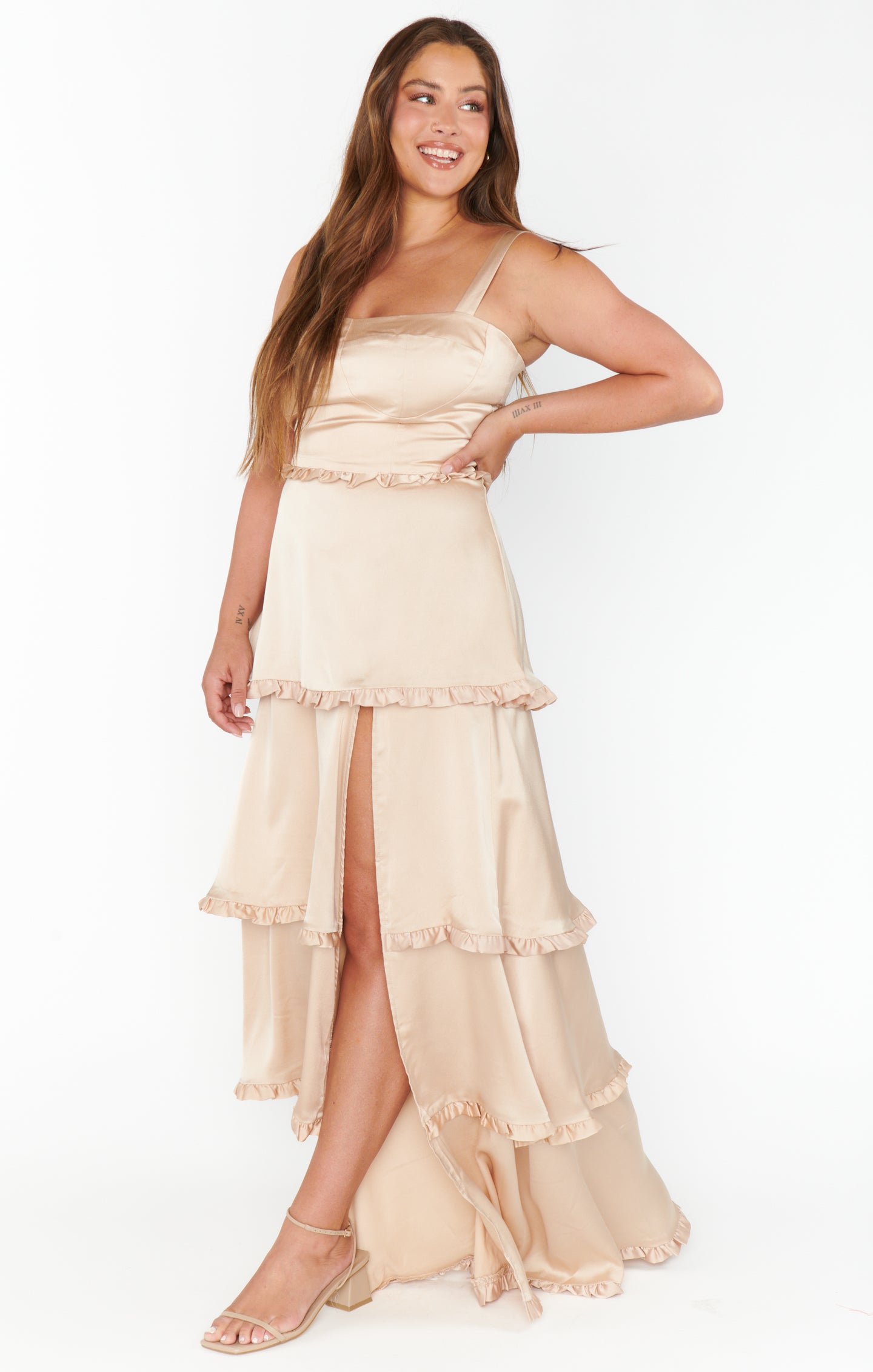 Champagne Satin Corset Dress with Slit | Lady Luxe