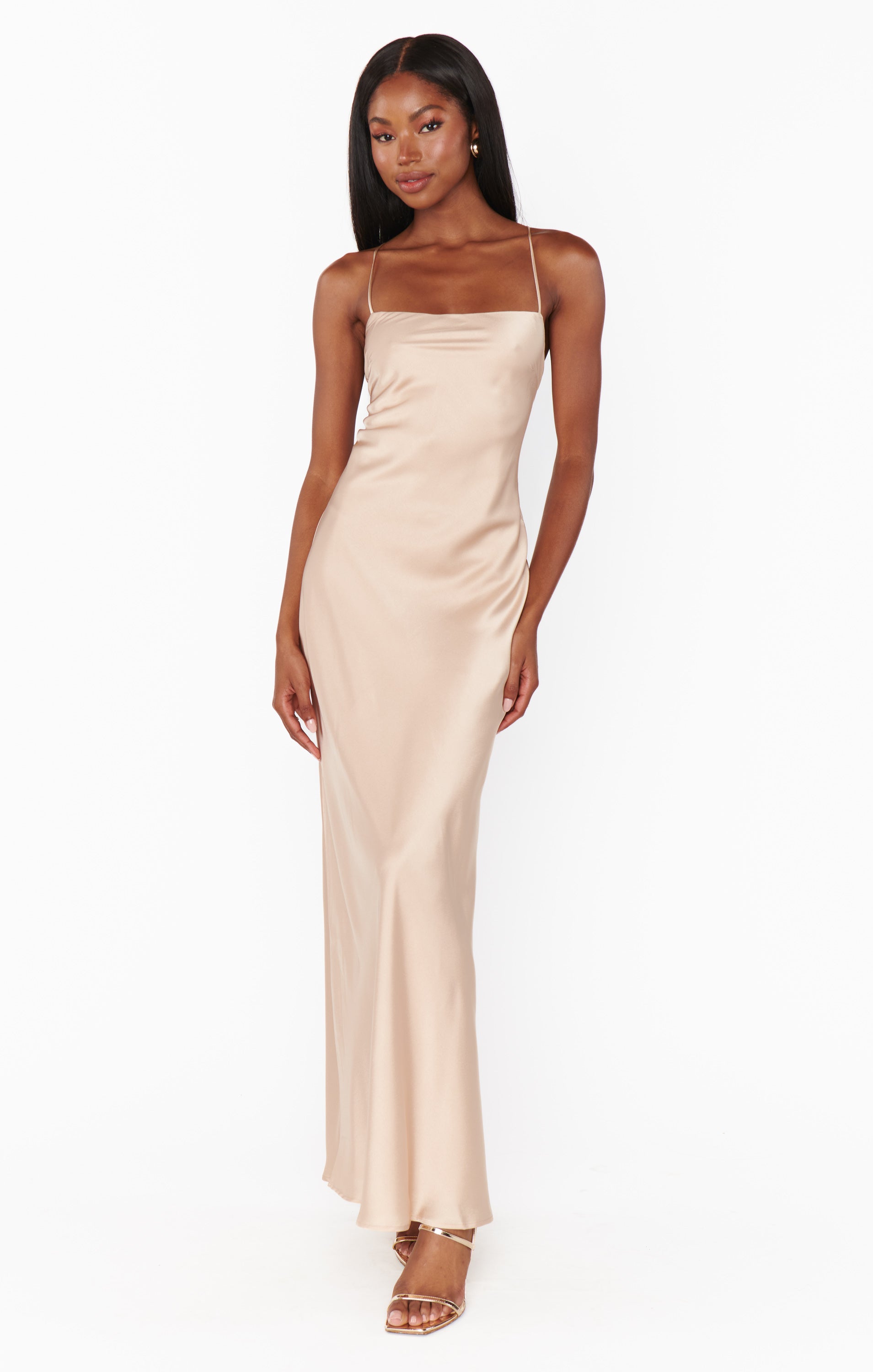 Champagne Satin Slip Dress with Square Neck & Open Back | Dani