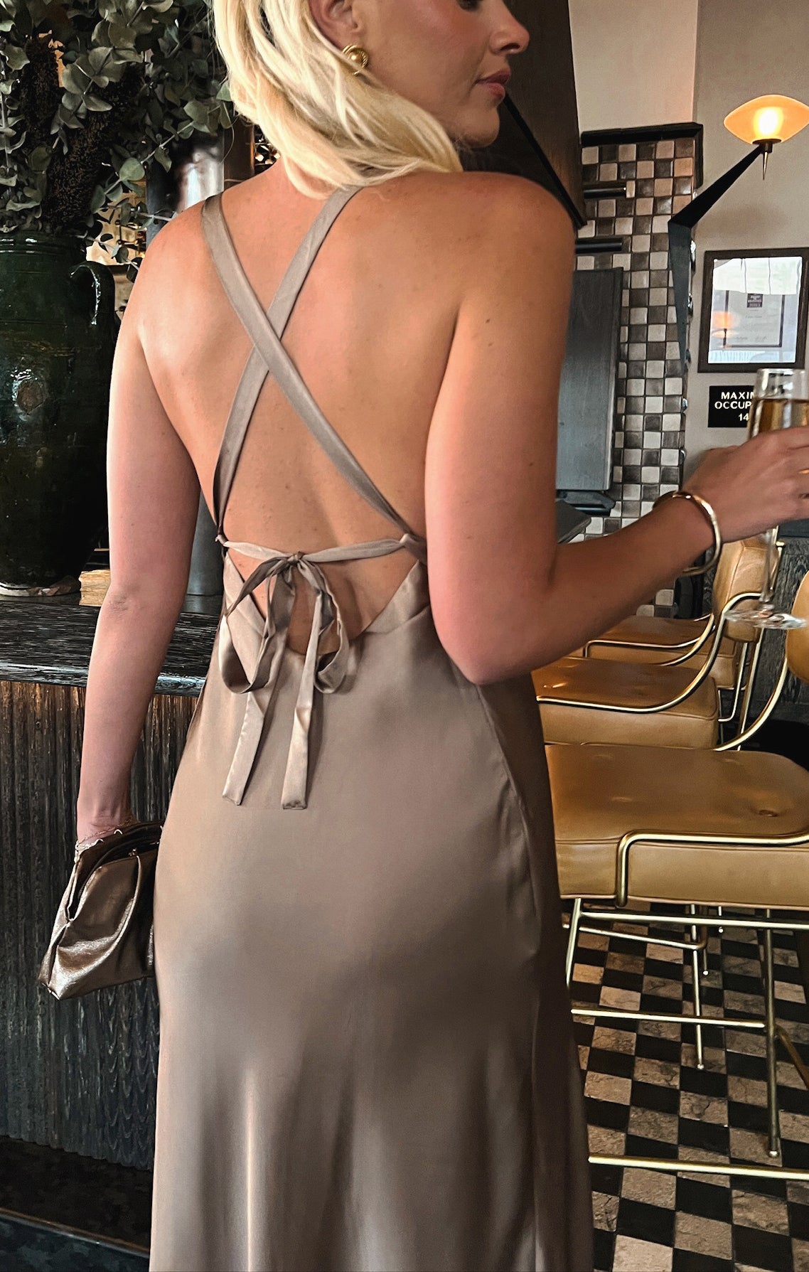 Elegant Satin Maxi Dress with Open Back & Criss Cross Ties | Anderson