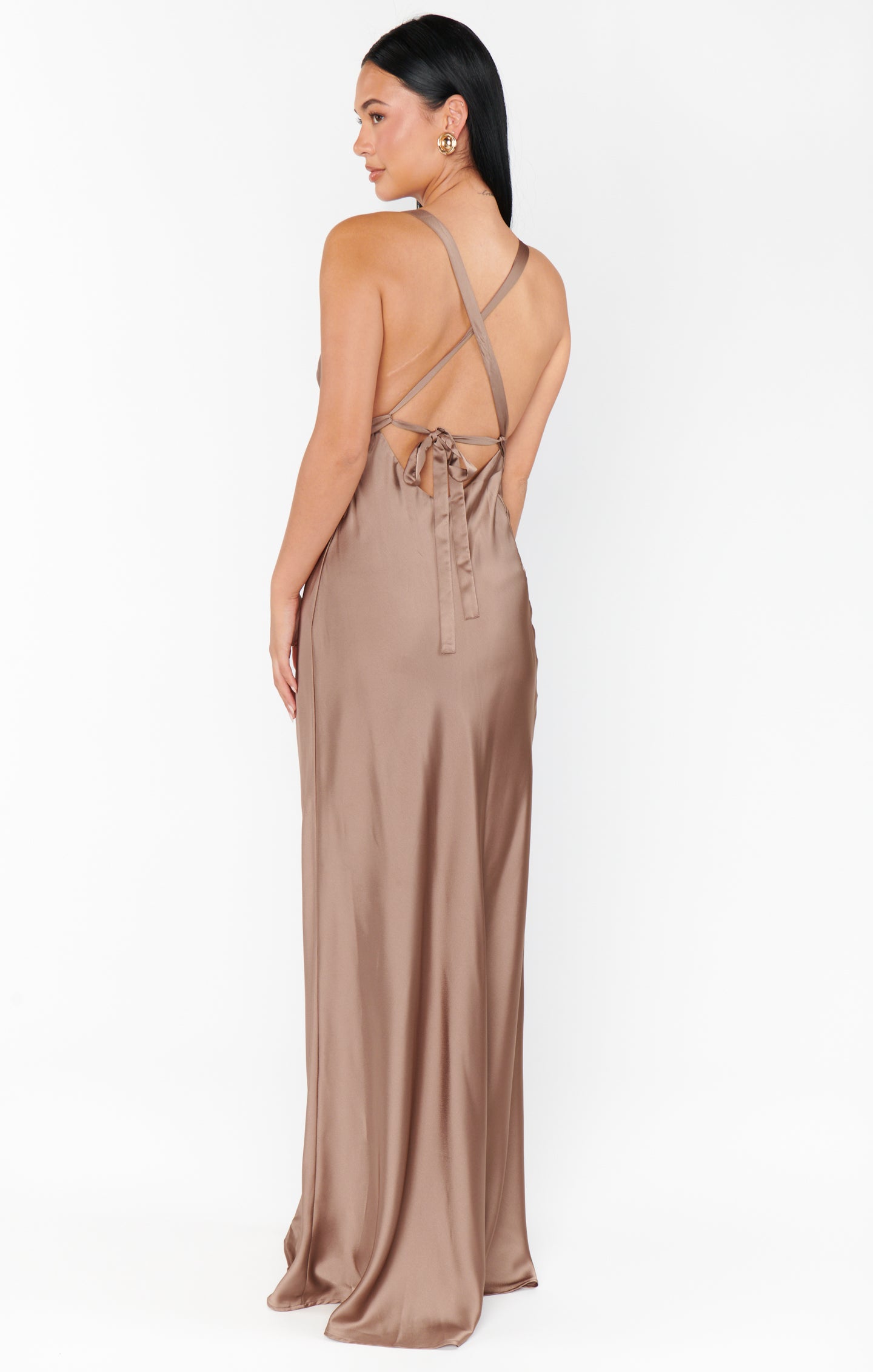 Elegant Satin Maxi Dress with Open Back & Criss Cross Ties | Anderson