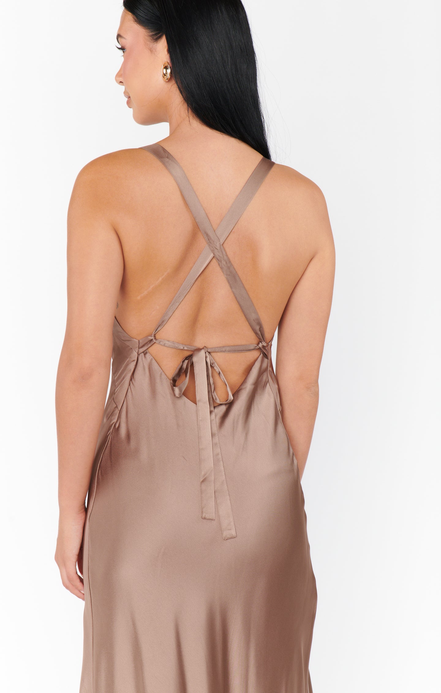 Elegant Satin Maxi Dress with Open Back & Criss Cross Ties | Anderson