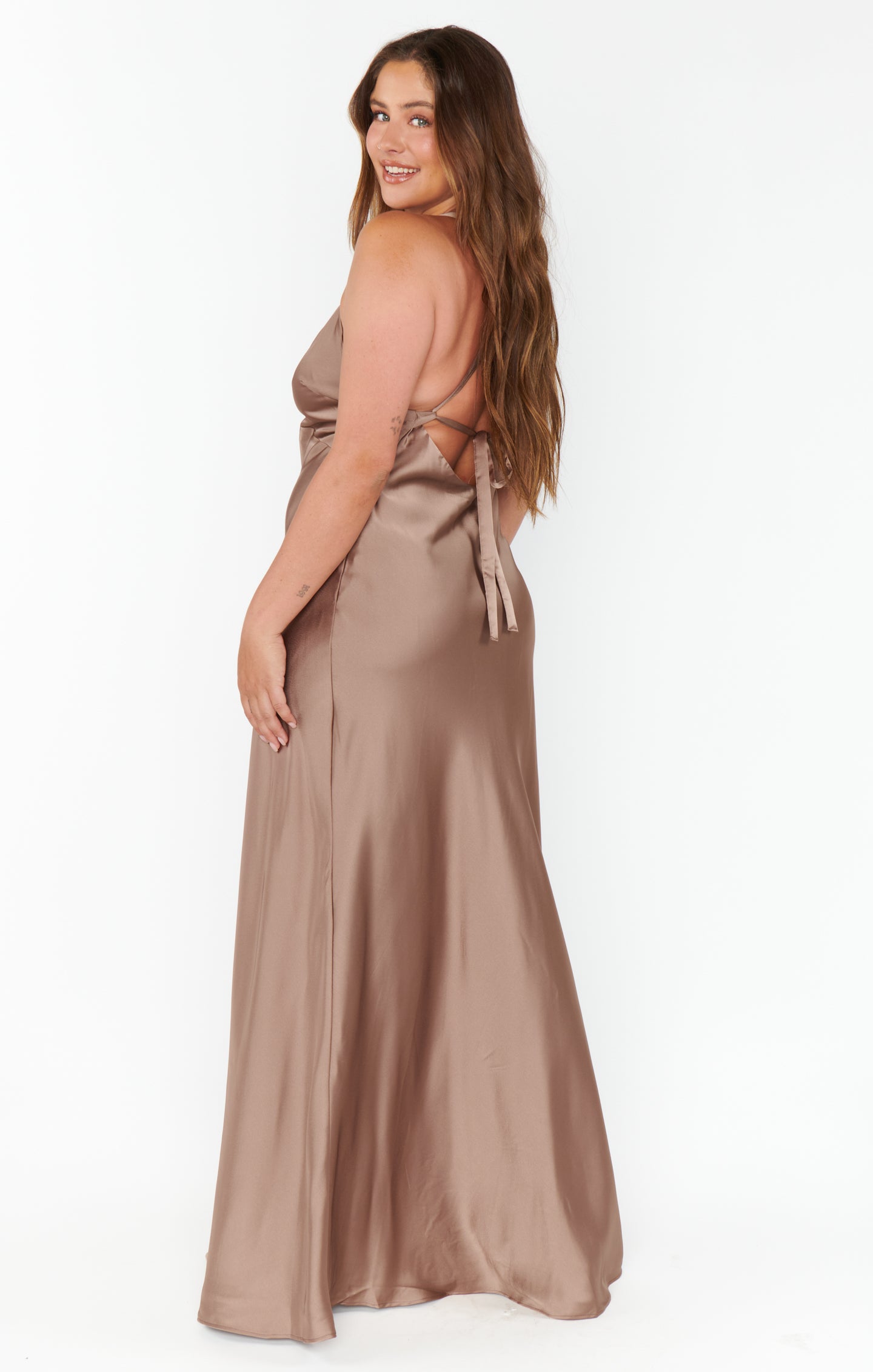 Elegant Satin Maxi Dress with Open Back & Criss Cross Ties | Anderson