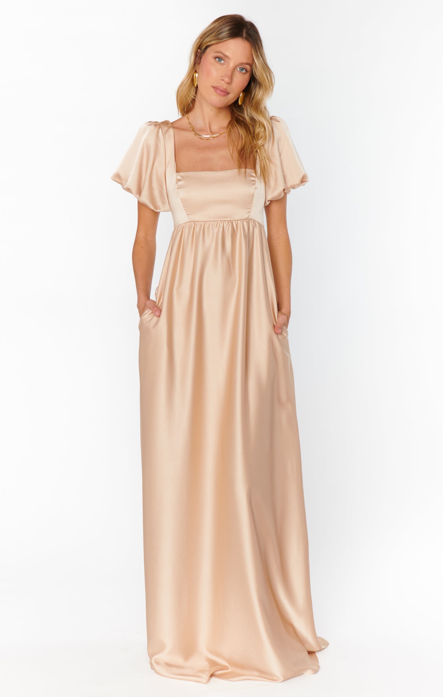 Champagne Satin Maxi Dress with Square Neck & Smocked Back | Nora