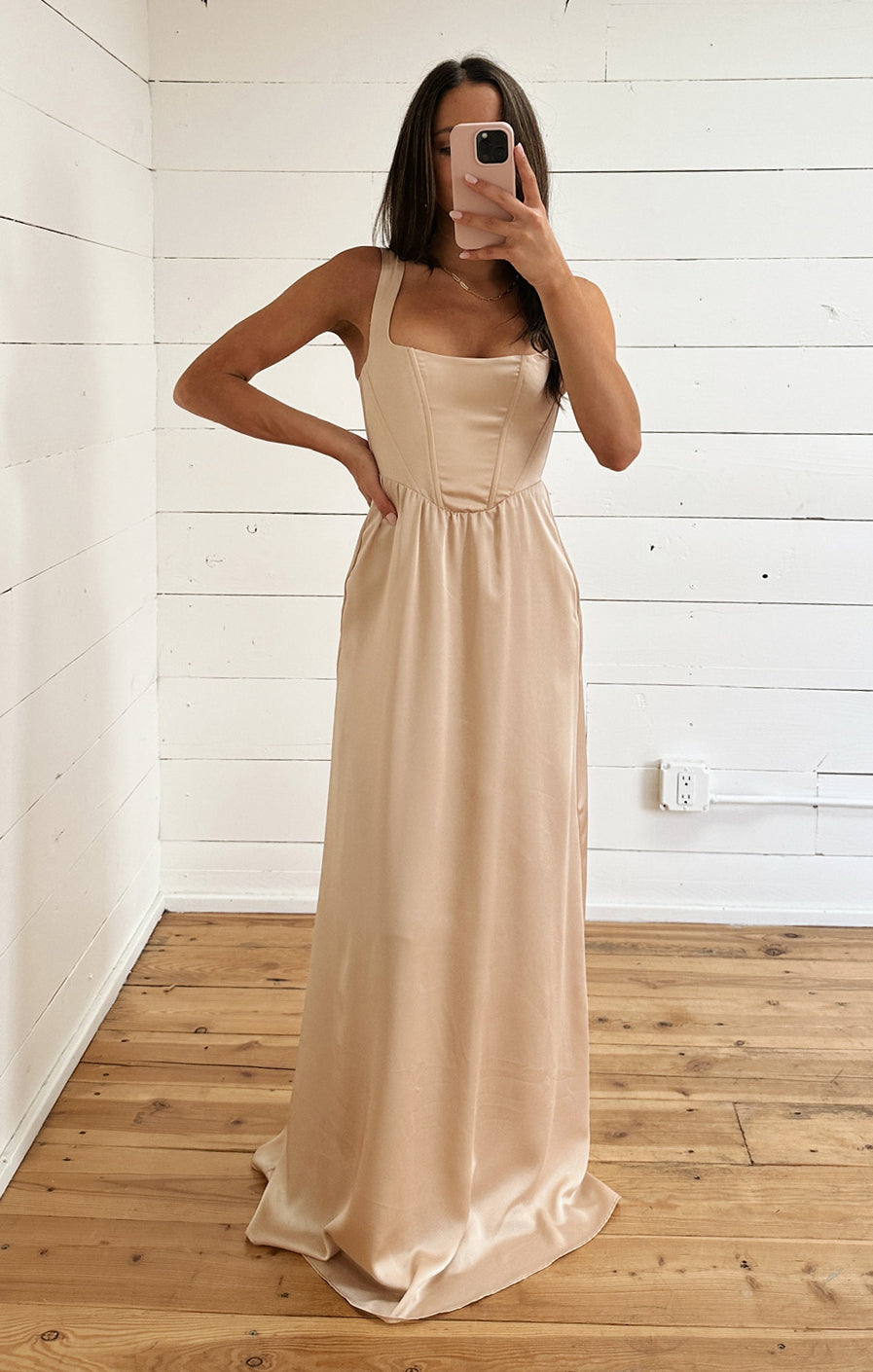Elegant Satin Maxi Dress with Corset Bodice & Smocked Back | Nina