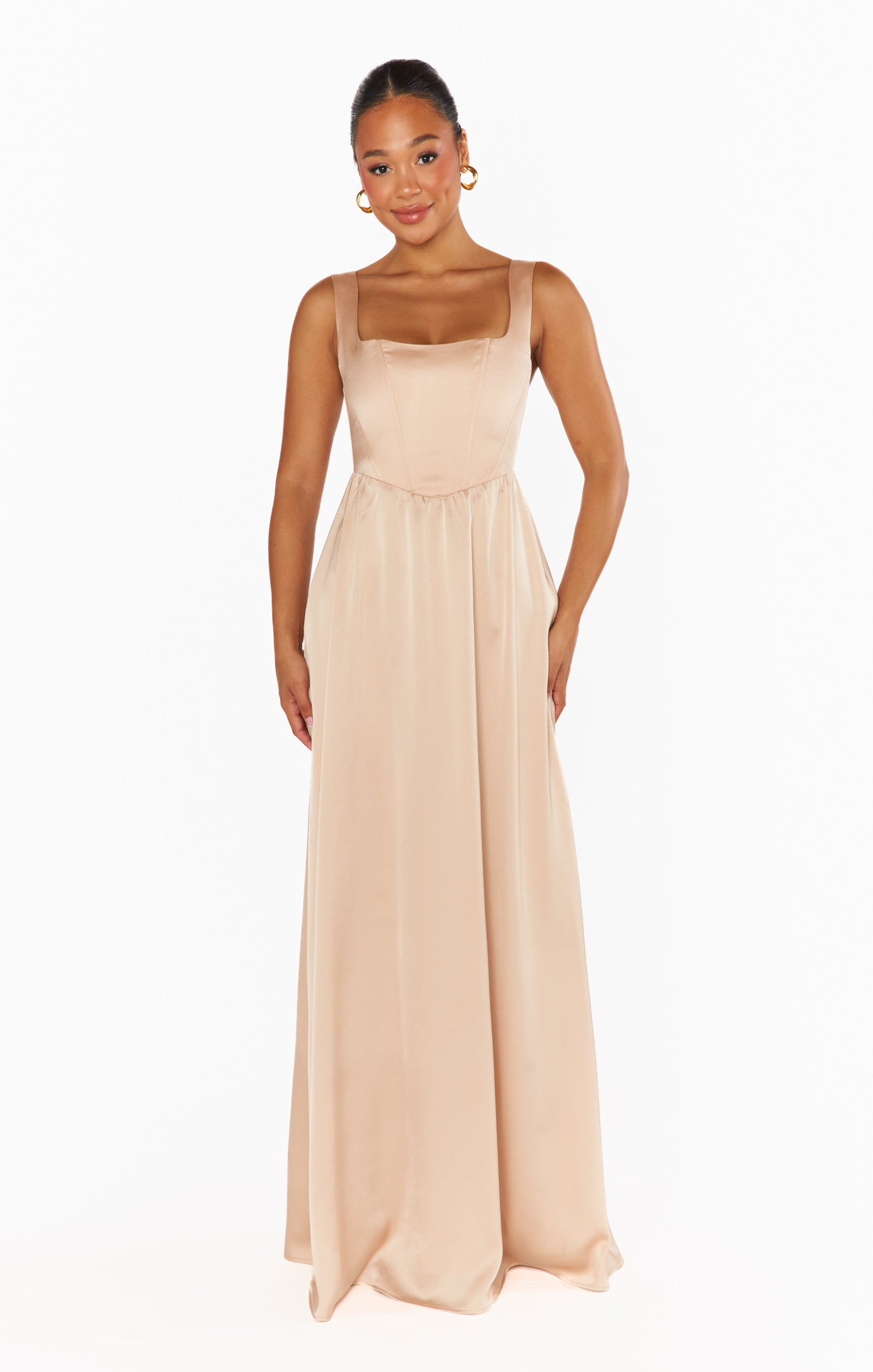 Elegant Satin Maxi Dress with Corset Bodice & Smocked Back | Nina