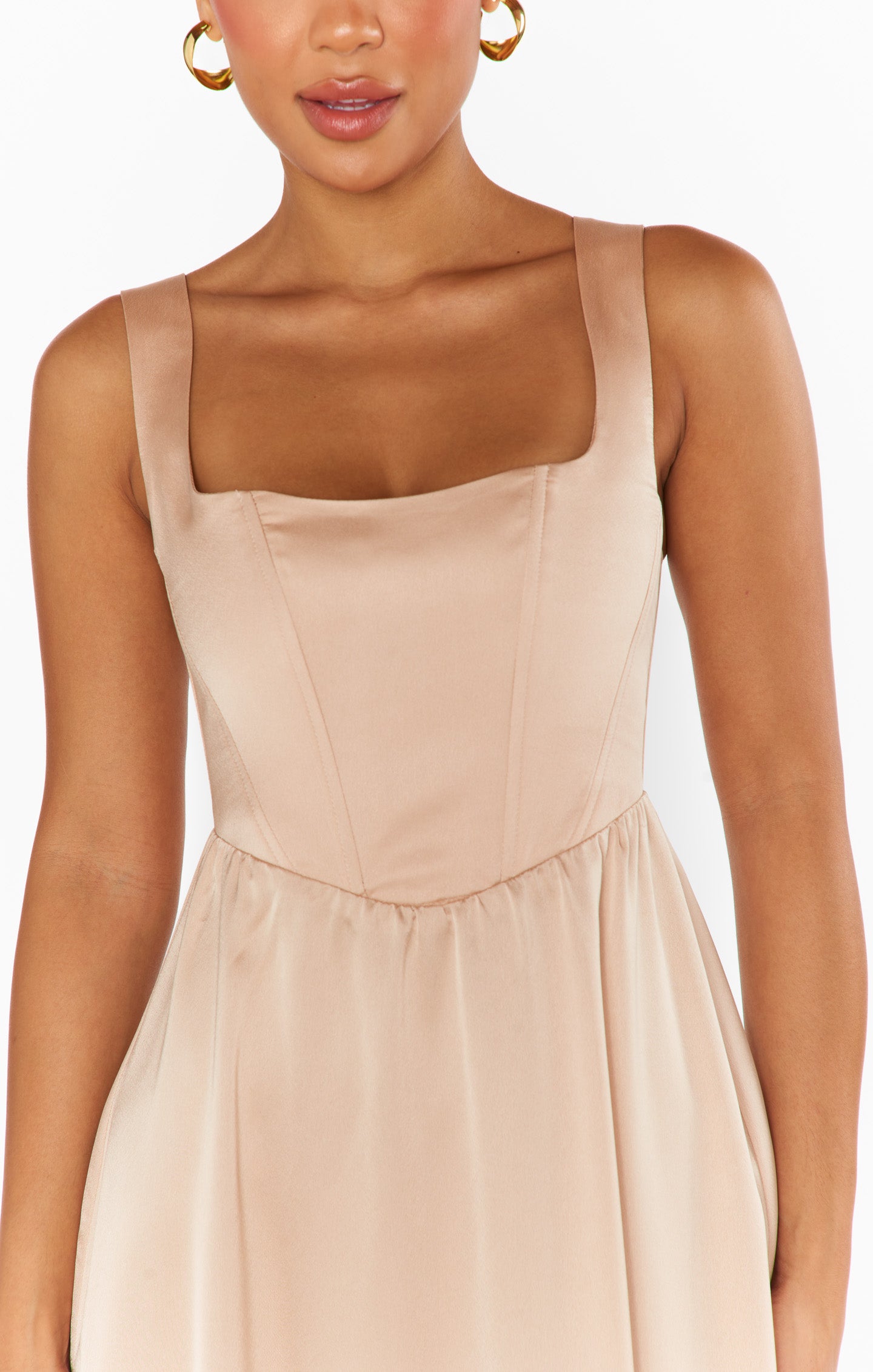Elegant Satin Maxi Dress with Corset Bodice & Smocked Back | Nina