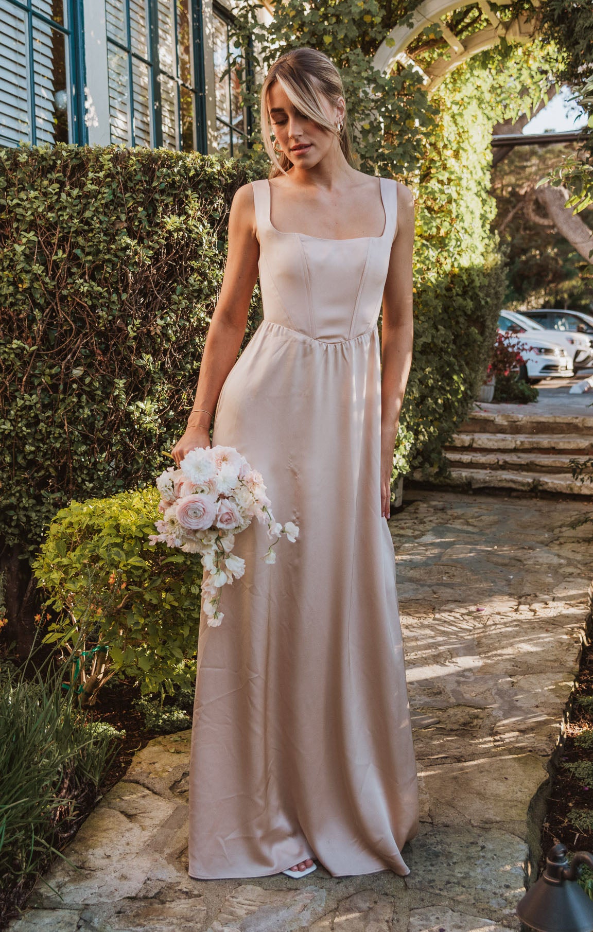 Elegant Satin Maxi Dress with Corset Bodice & Smocked Back | Nina