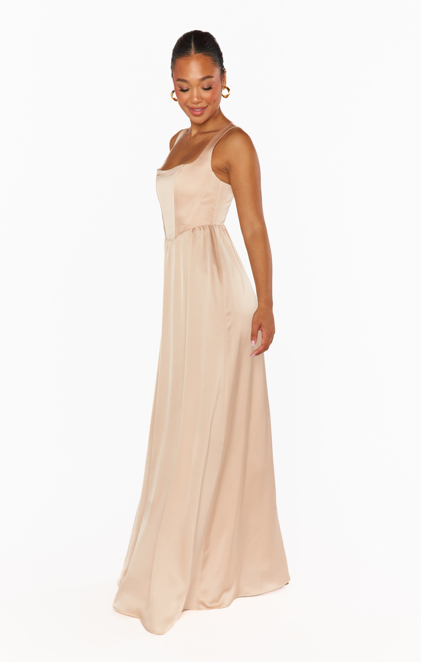 Elegant Satin Maxi Dress with Corset Bodice & Smocked Back | Nina