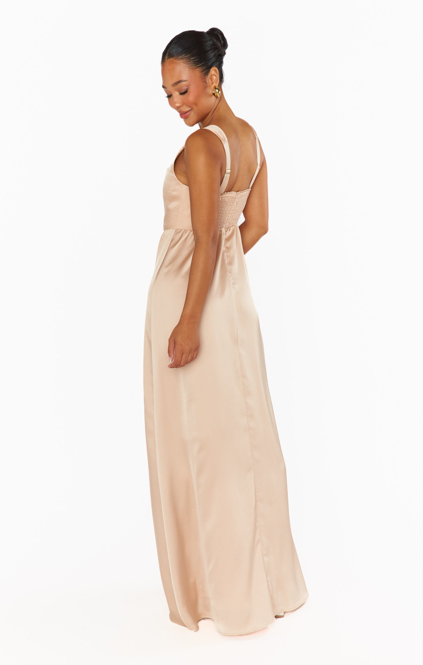 Elegant Satin Maxi Dress with Corset Bodice & Smocked Back | Nina