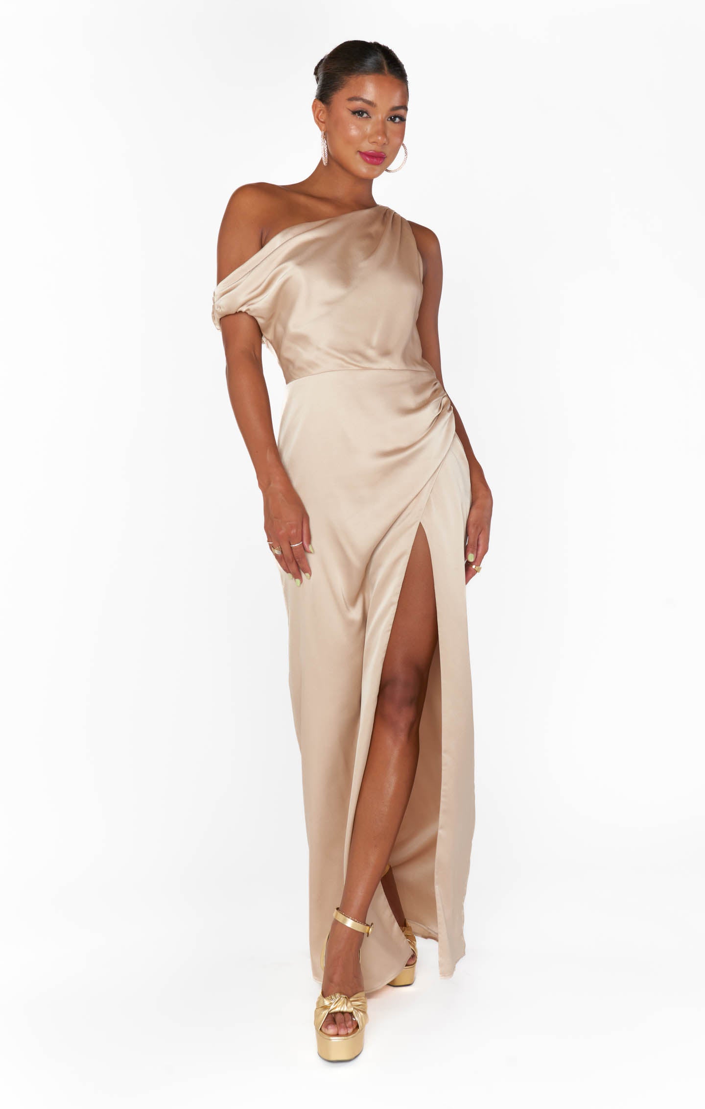 Champagne Luxe Satin Jodie Dress | Elegant Asymmetrical Silhouette