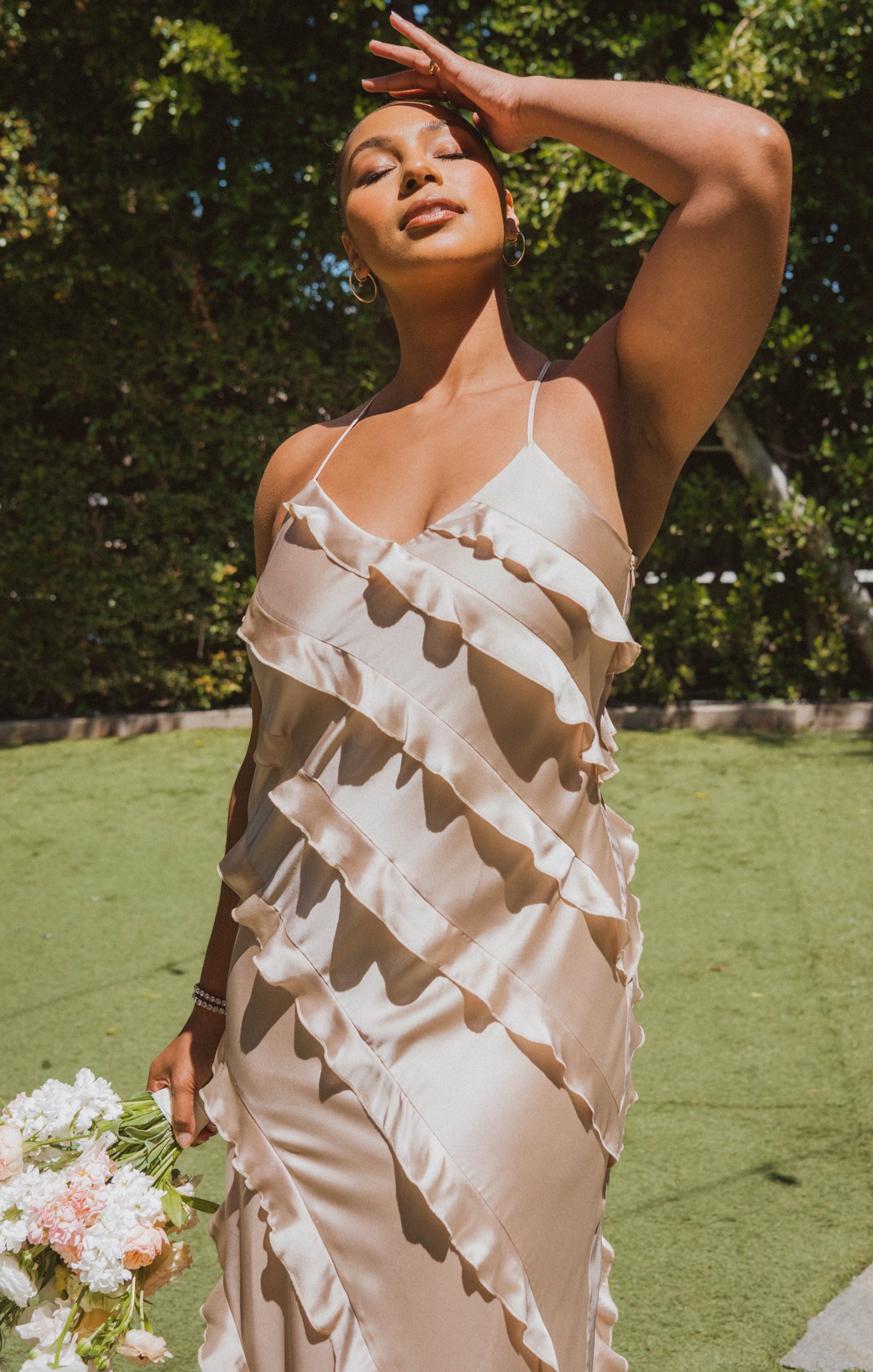 Champagne Satin Ruffle Maxi Dress for Weddings & Formal Events | Romance