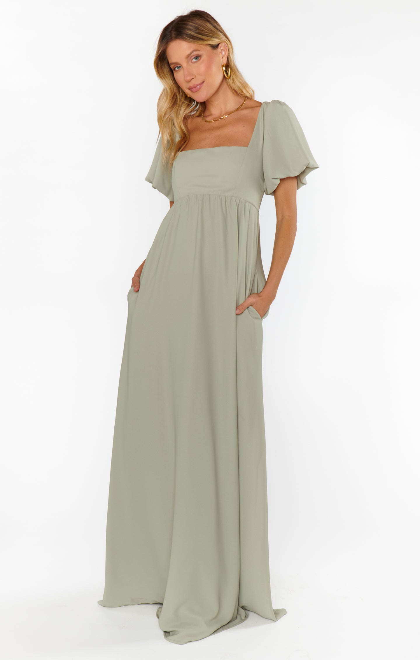 Flowy Square Neck Maxi Dress with Smocked Back | Nora Moss Green