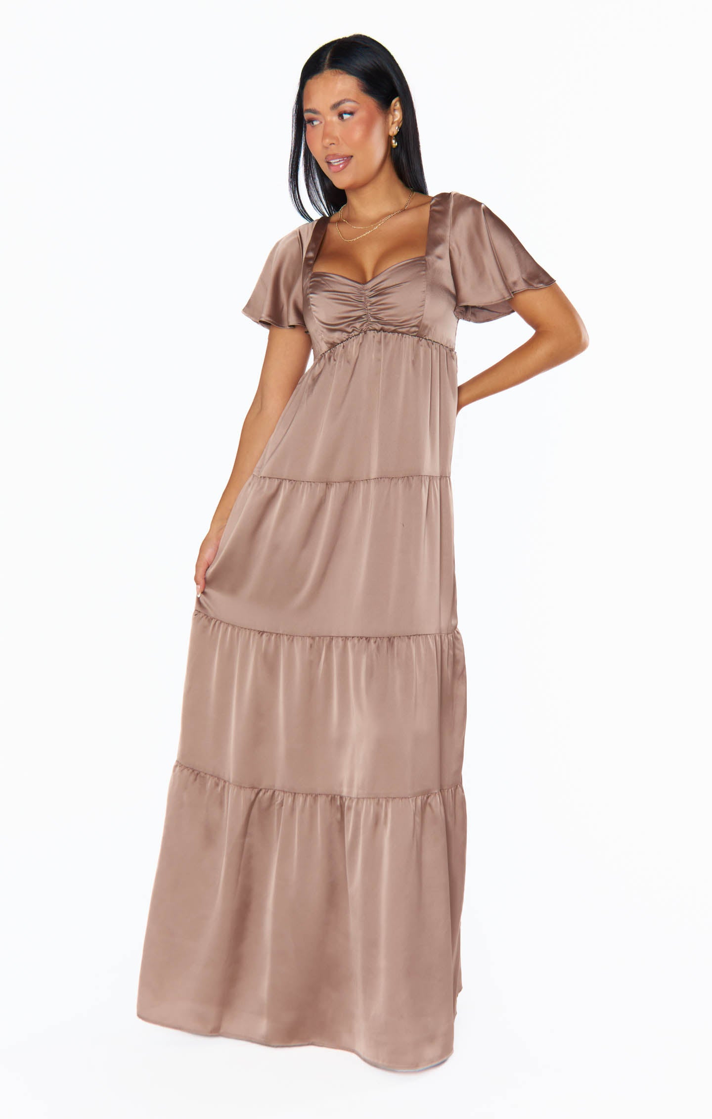 Flattering Satin Maxi Dress with Smocked Back & Tiered Skirt | Dune Luxe