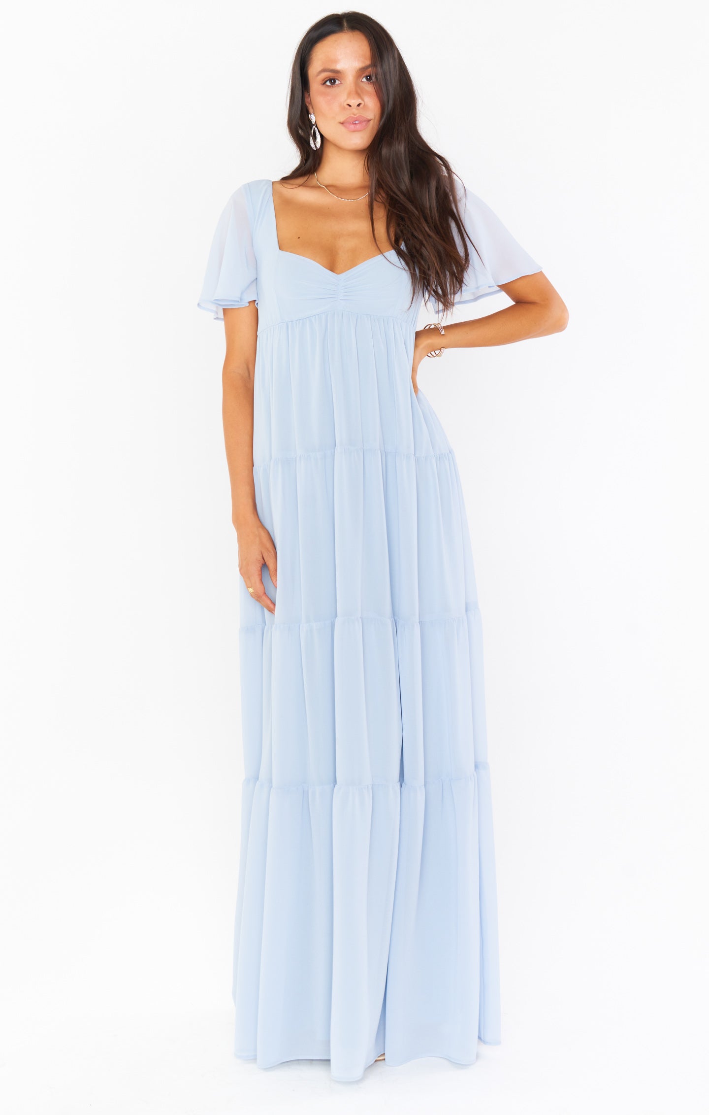Steel Blue Chiffon Maxi Dress with Sweetheart Neckline & Flutter Sleeves | Nicole