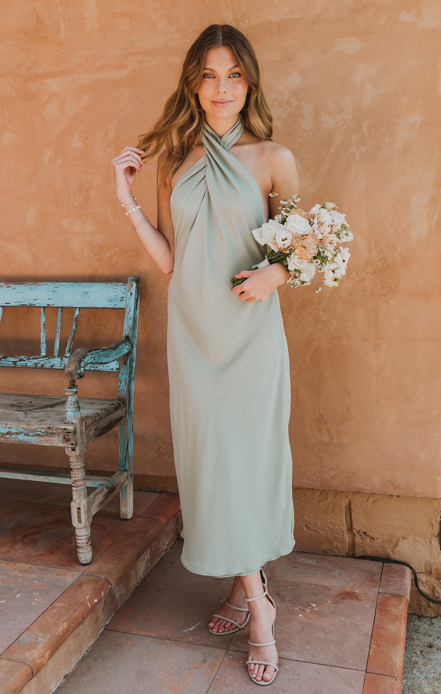 Jasmine Halter Midi Dress with Open Back | Moss Green Bias Cut