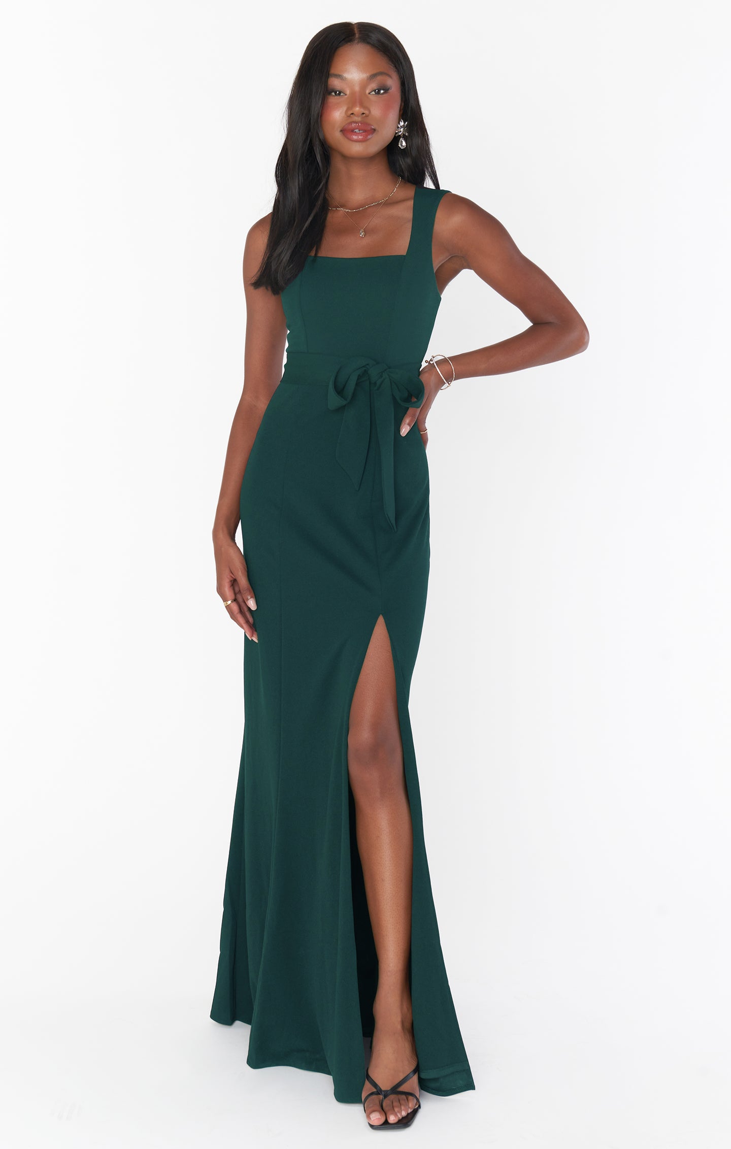 Formal Emerald Maxi Gown with Side Slit & Detachable Sash | Paris Gown