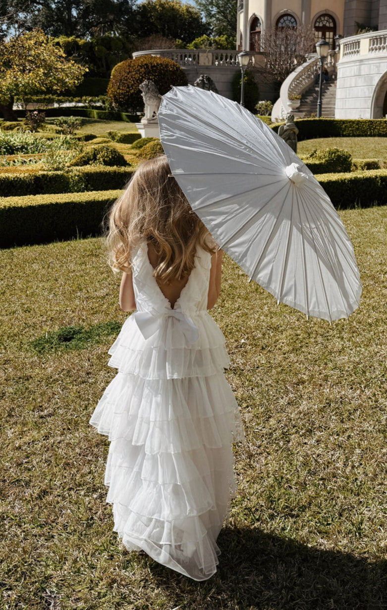 White Tulle Dress for Girls with Flutter Sleeves | Lovebug