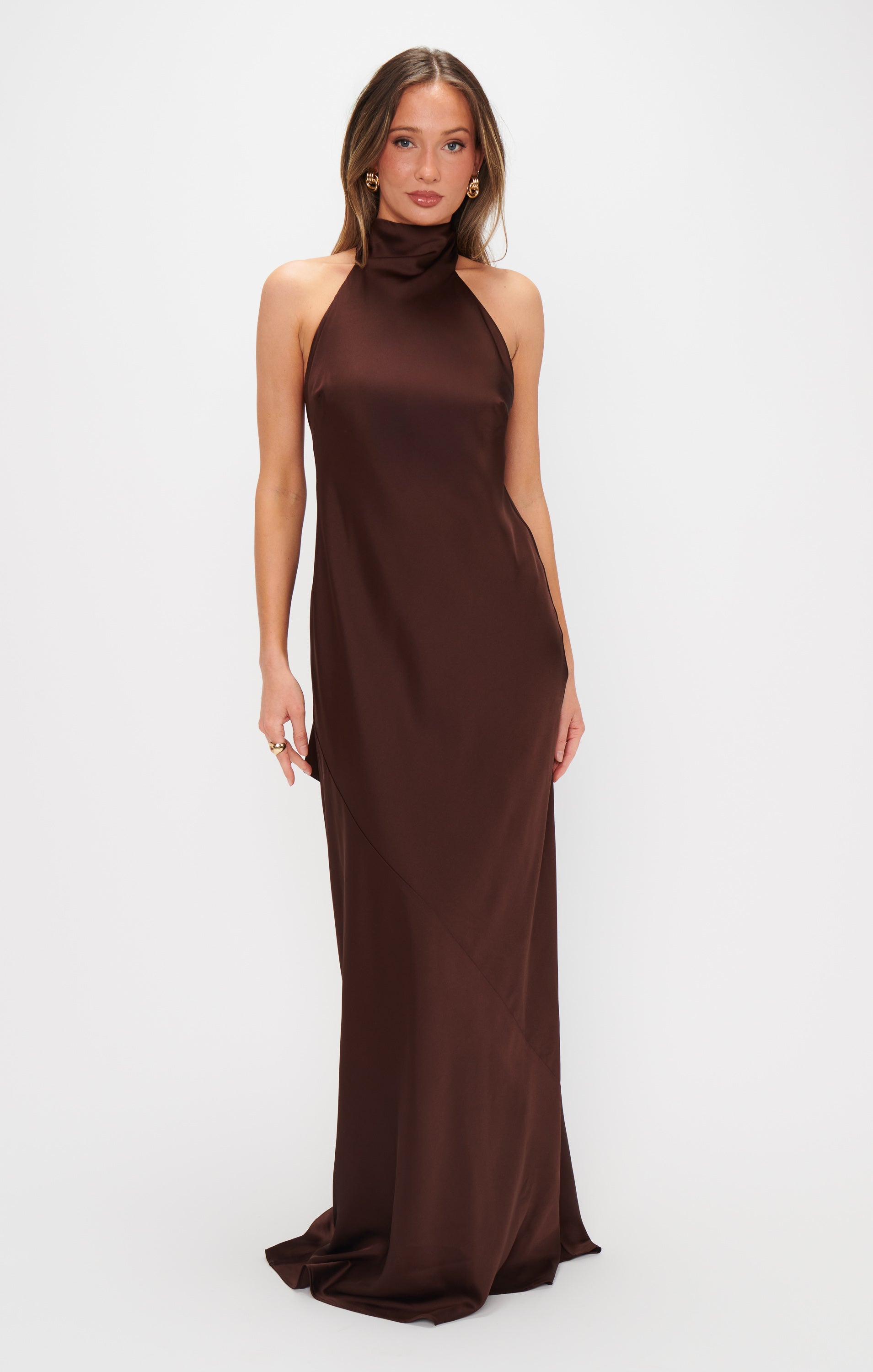 Chocolate Satin Bridesmaid Maxi Dress with Halter Neckline | Lisa