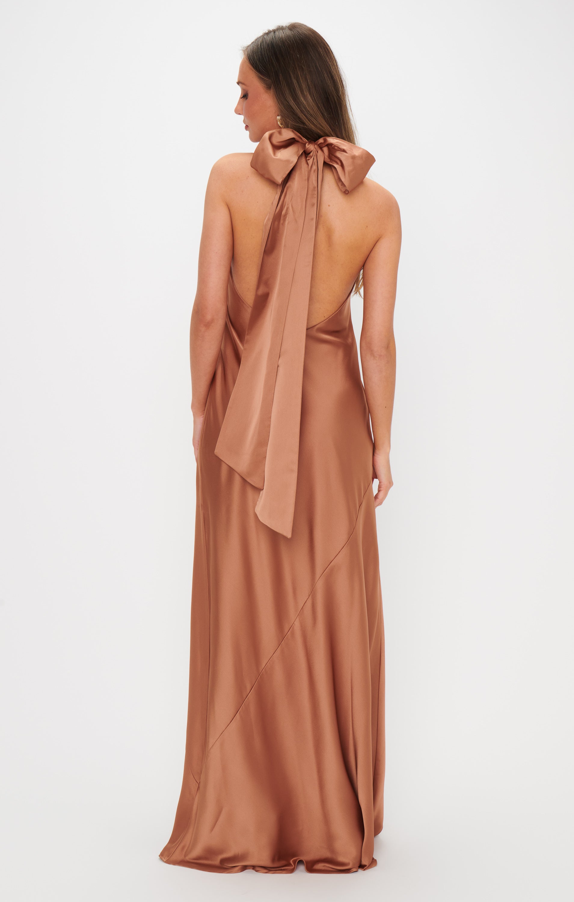 Elegant Halter Neck Maxi Dress for Weddings & Events | Copper Luxe Satin