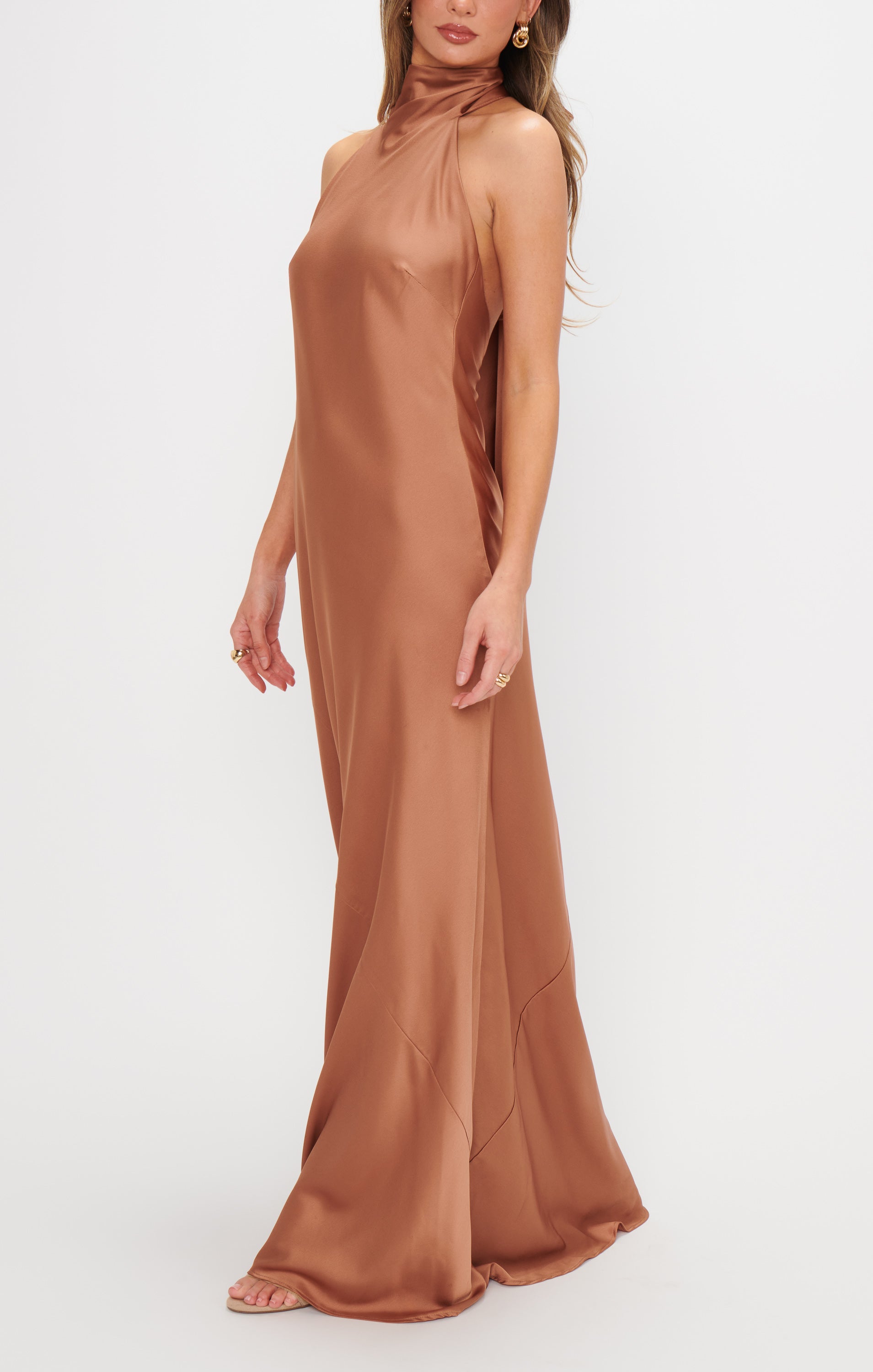 Elegant Halter Neck Maxi Dress for Weddings & Events | Copper Luxe Satin