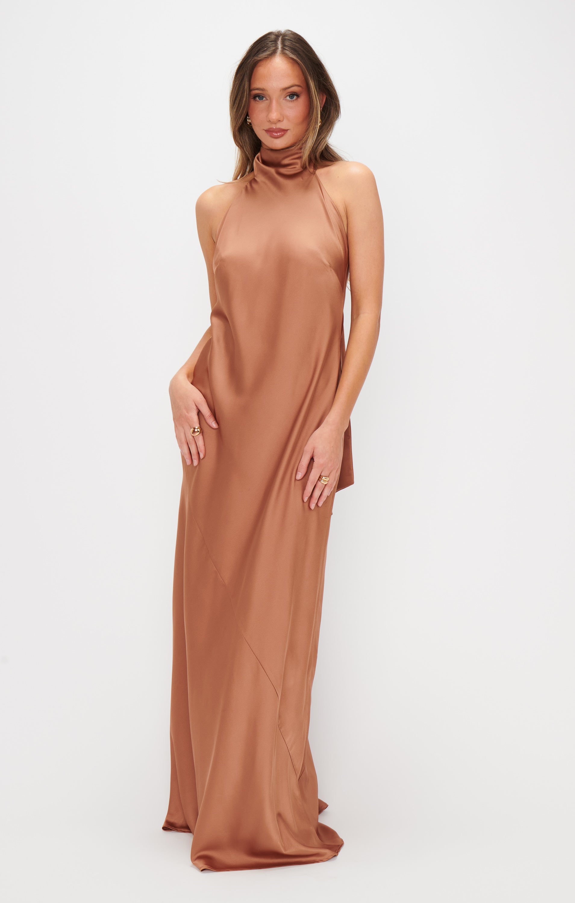 Elegant Halter Neck Maxi Dress for Weddings & Events | Copper Luxe Satin