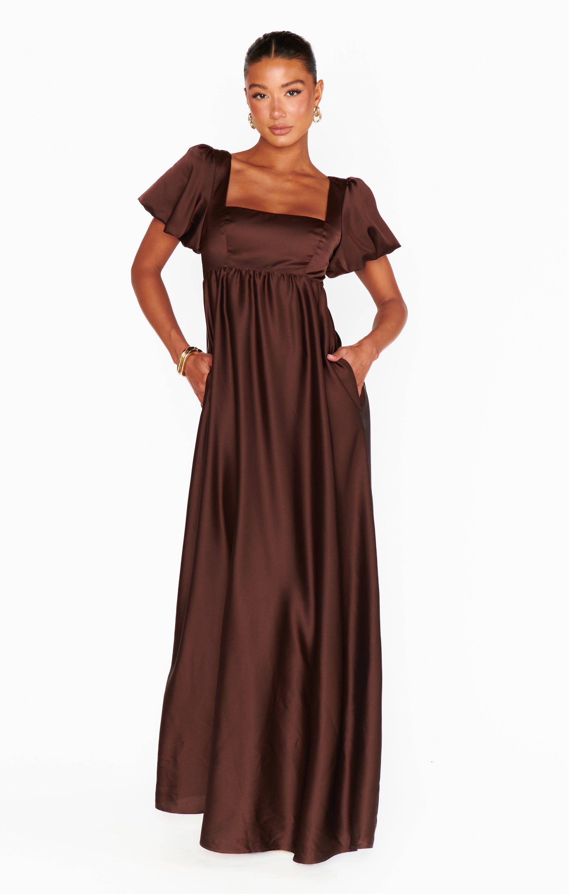 Chocolate Satin Maxi Dress with Smocked Back & Square Neckline | Nora
