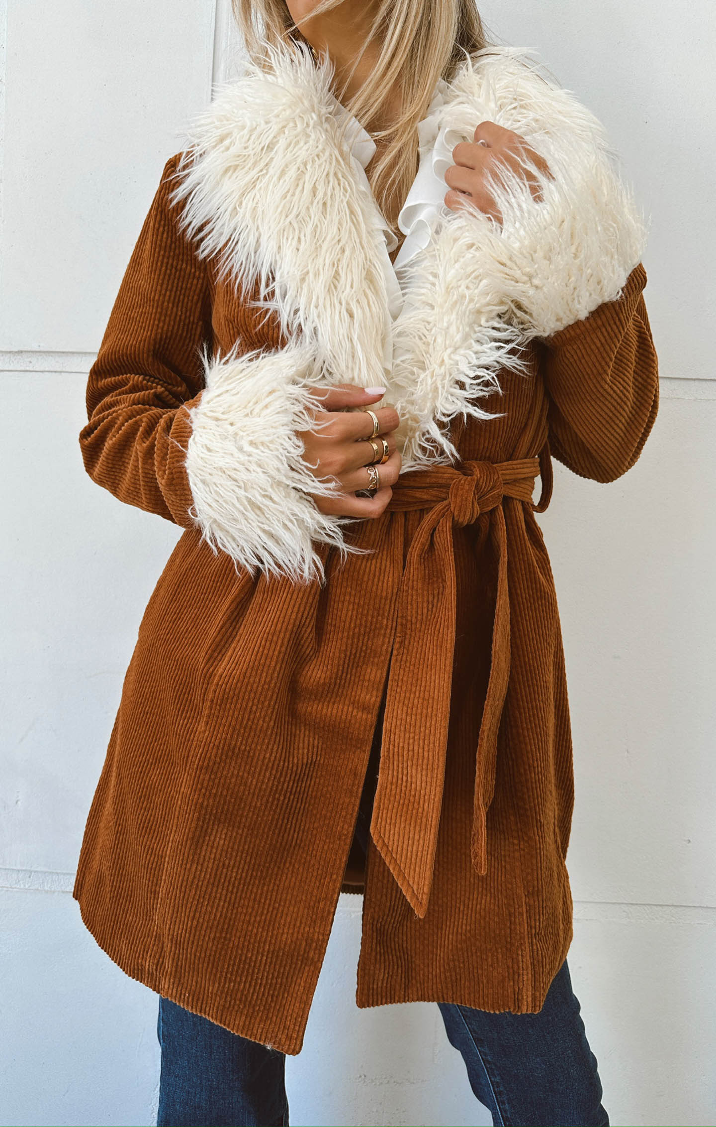 Corduroy Coat with Faux Fur Collar & Detachable Belt | Penny Lane