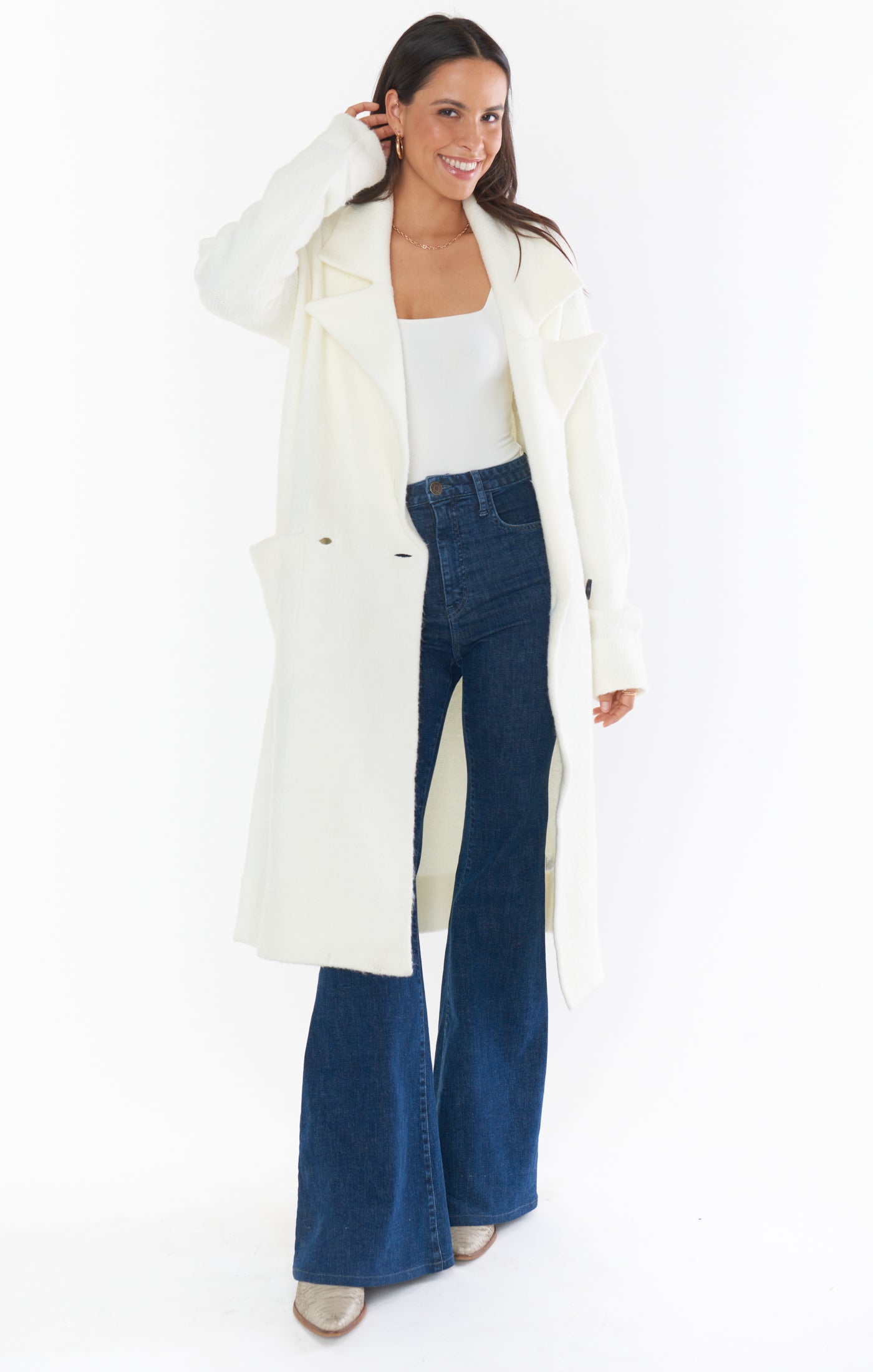 Cream Knit Sweater Jacket with Front Pockets | Melrose Style