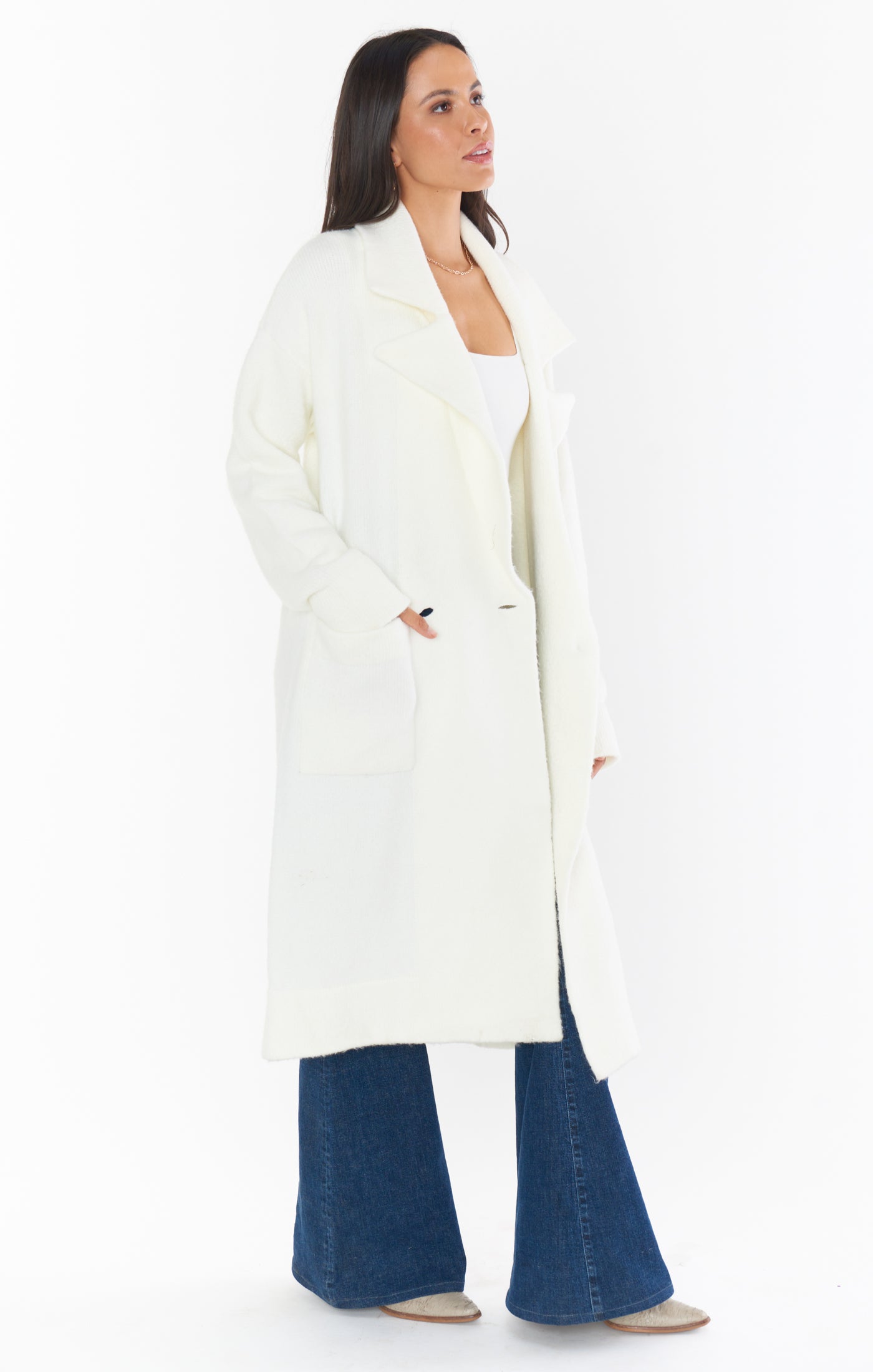 Cream Knit Sweater Jacket with Front Pockets | Melrose Style