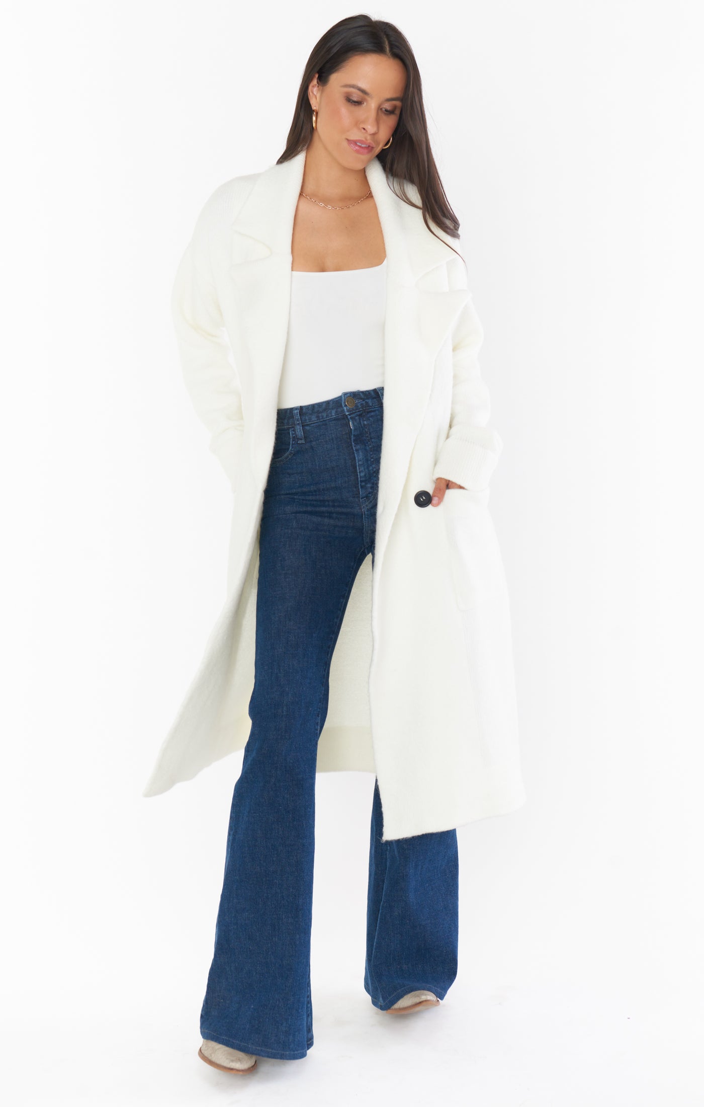 Cream Knit Sweater Jacket with Front Pockets | Melrose Style