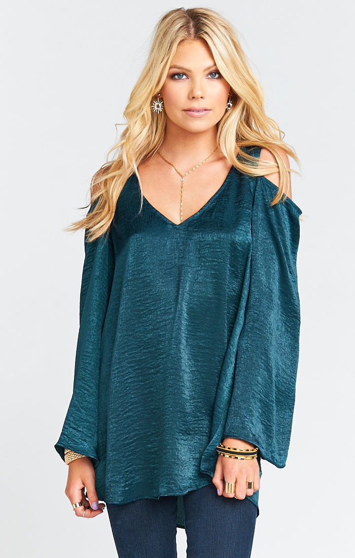 Dark Forest Silky Satin Shoulder Boo Tunic with Bell Sleeves