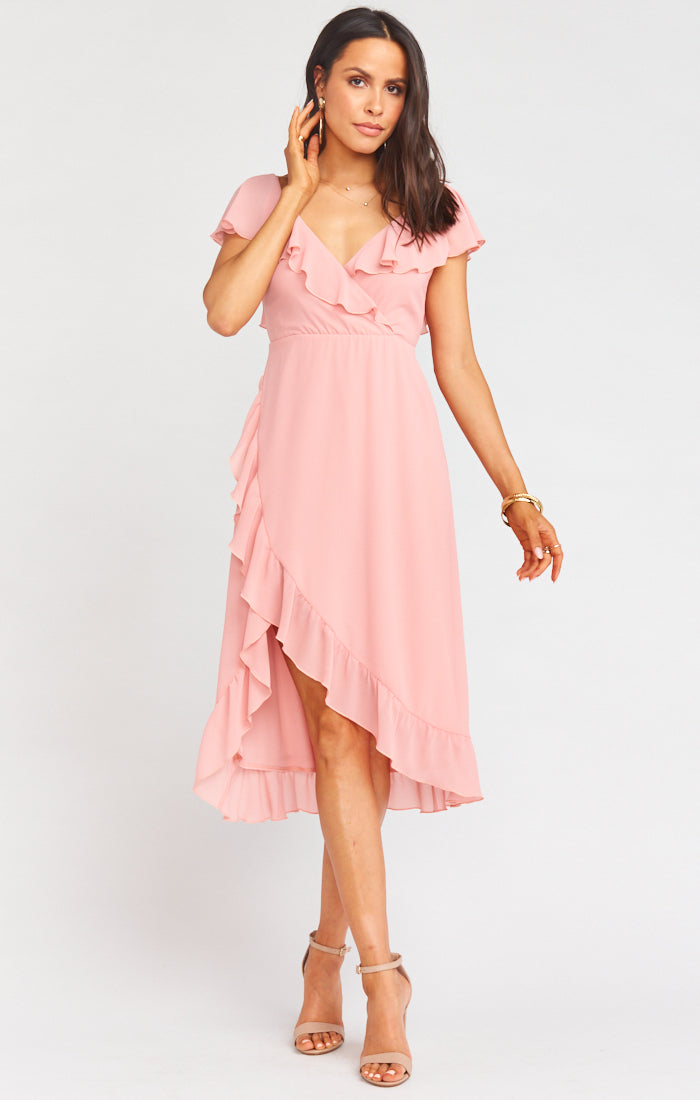 Feminine Pink Ruffle Dress with Low Back & Slit | Granada