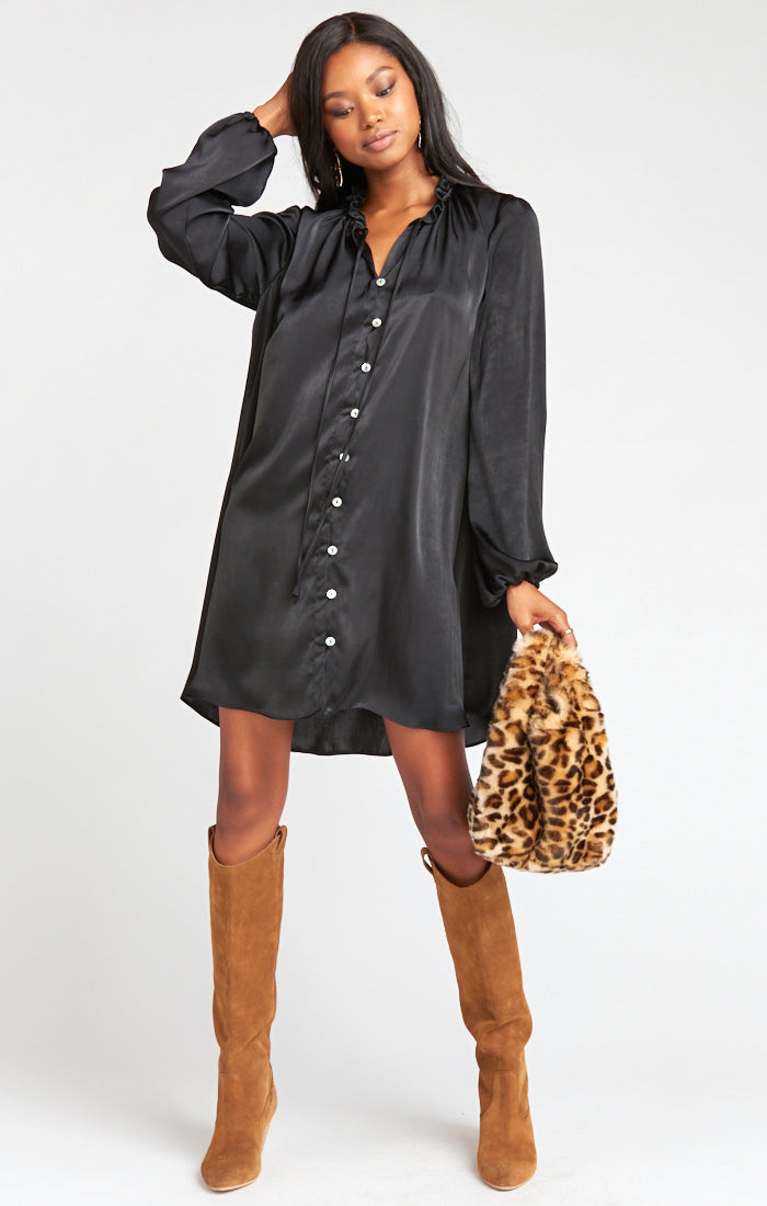 Silky Flowy Mini Dress with Ruffle Collar & Tie Front | McKenna