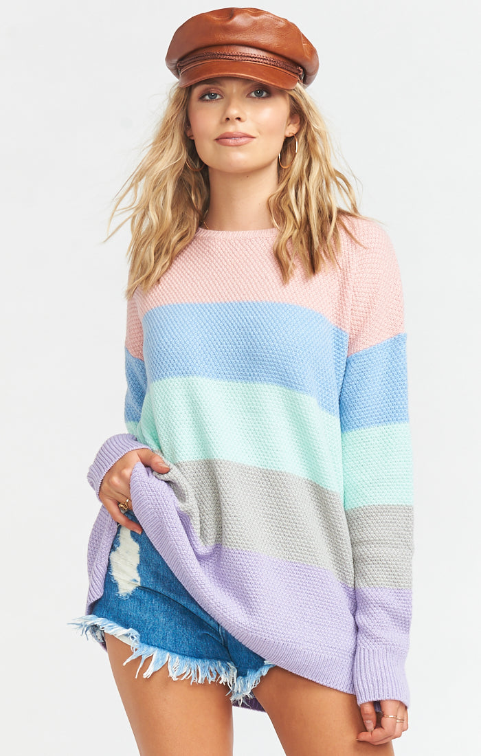 Pastel Striped Sweater with Side Slits & High Neckline | Cozy Bonfire