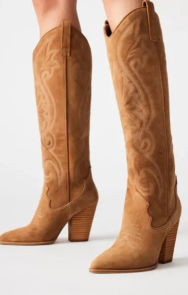 Steve Madden Lasso Western Boot in Chestnut Suede | Knee-High with Block Heel
