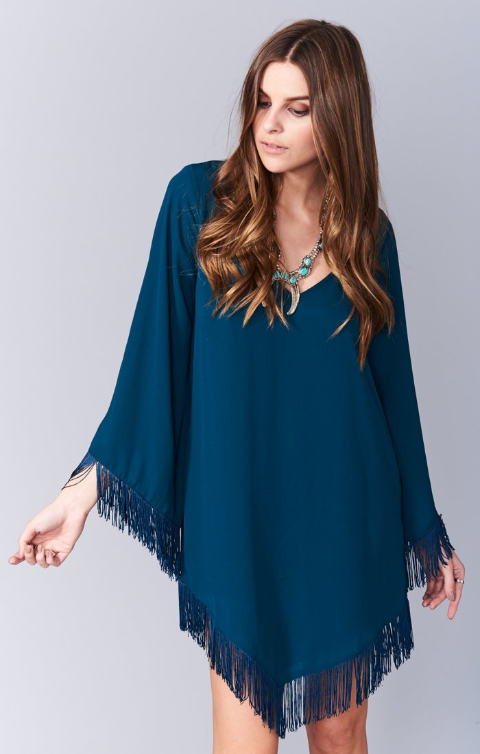 V-Neck Rodeo Dress with Tassel Sleeves & Fringe Detail | Western Style