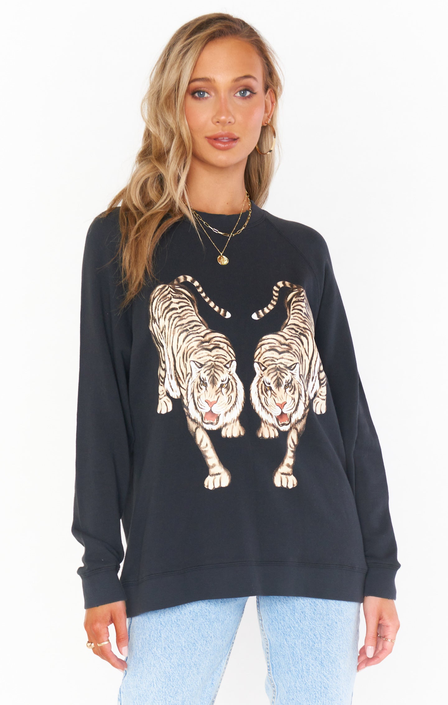 Relaxed Scoop Neck Pullover with Tiger Graphic | Simon