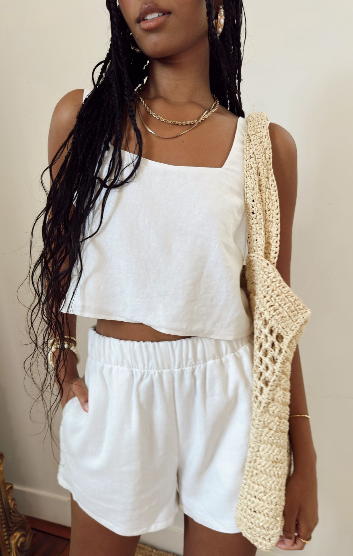 White Linen Crop Top with Square Neck | Tara