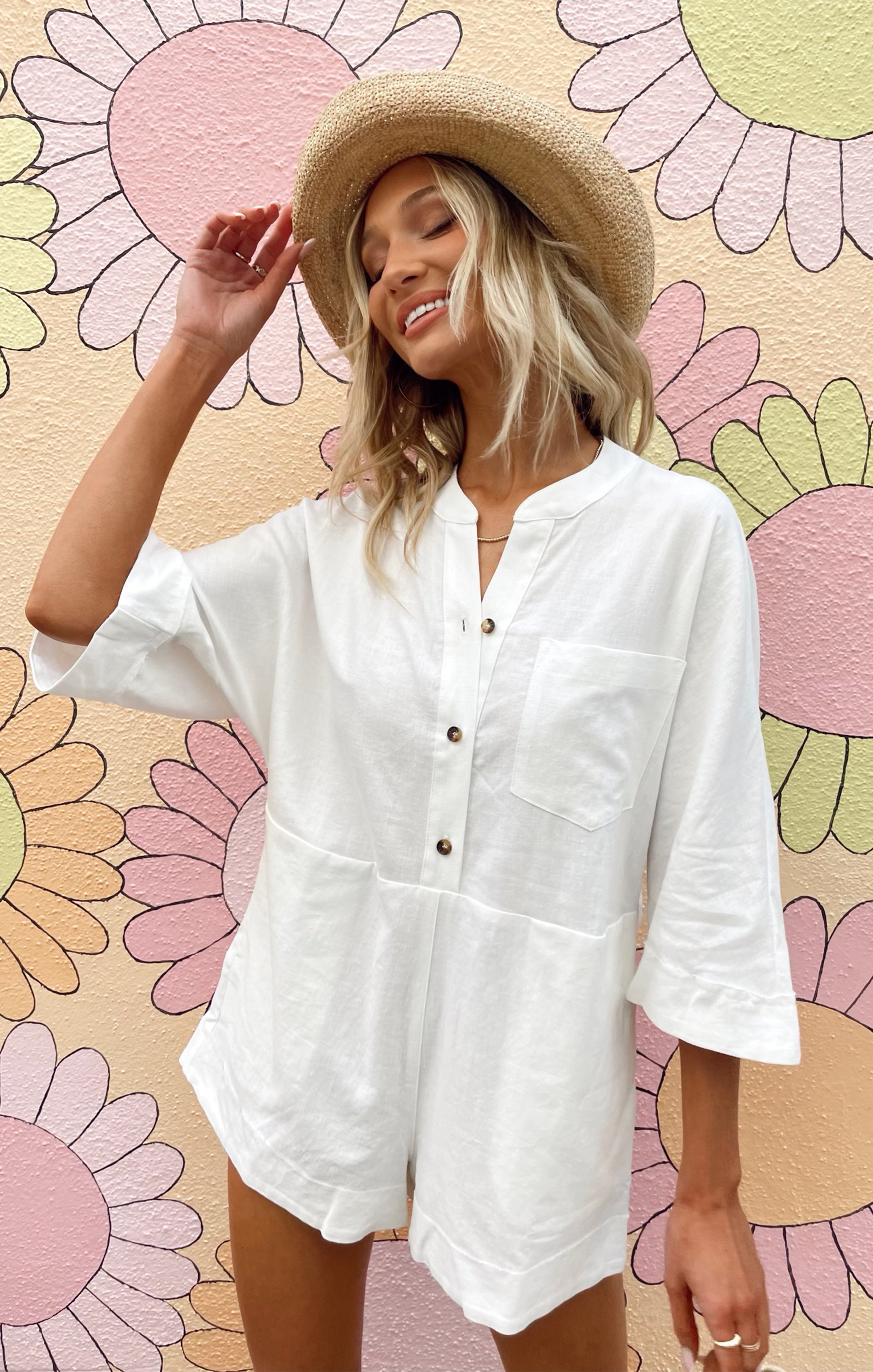 Oversized Linen Romper for Women | White Coverup – Horton