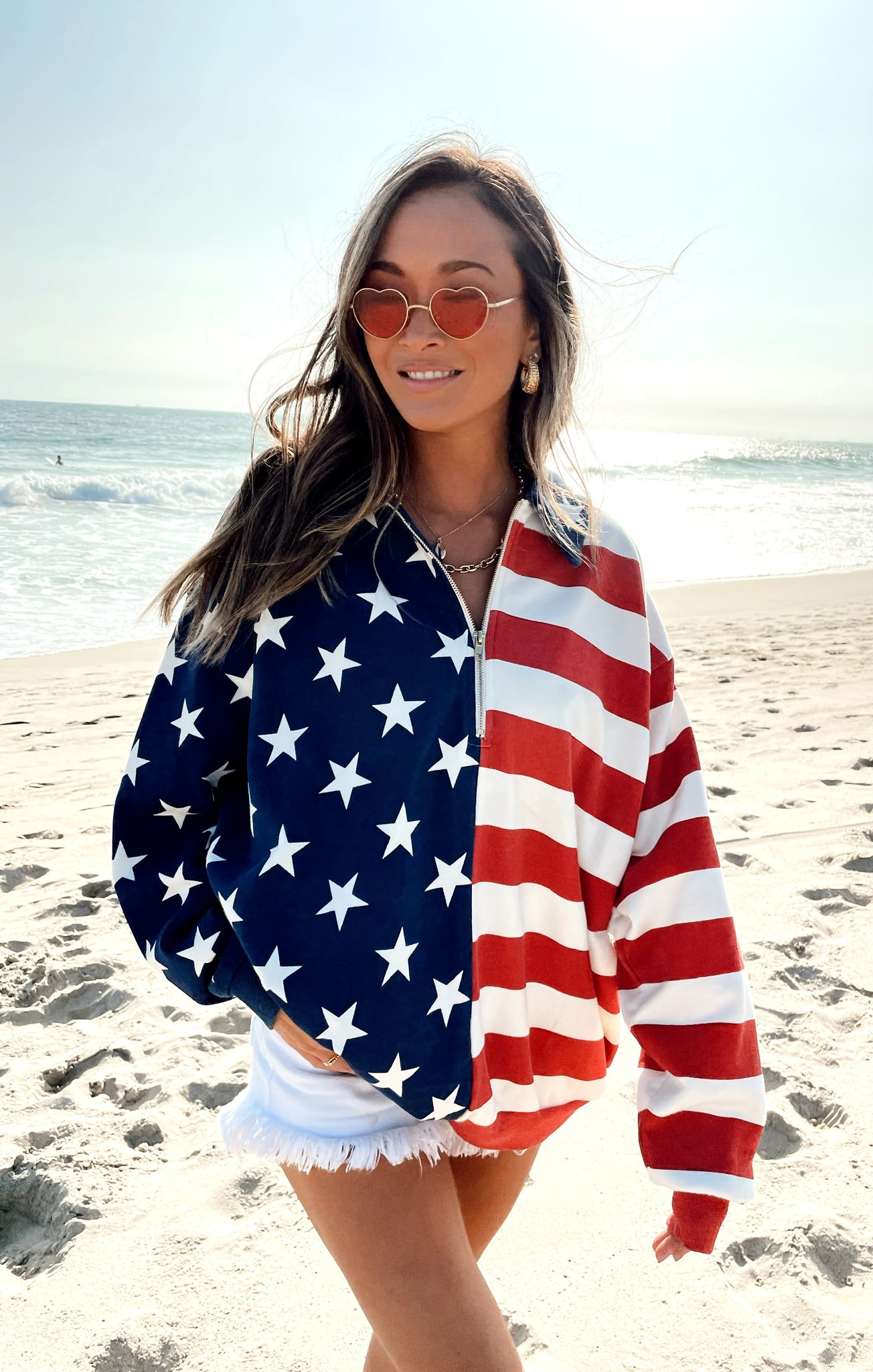 Patriotic Oversized Half Zip Sweatshirt for Beach Nights | Benny