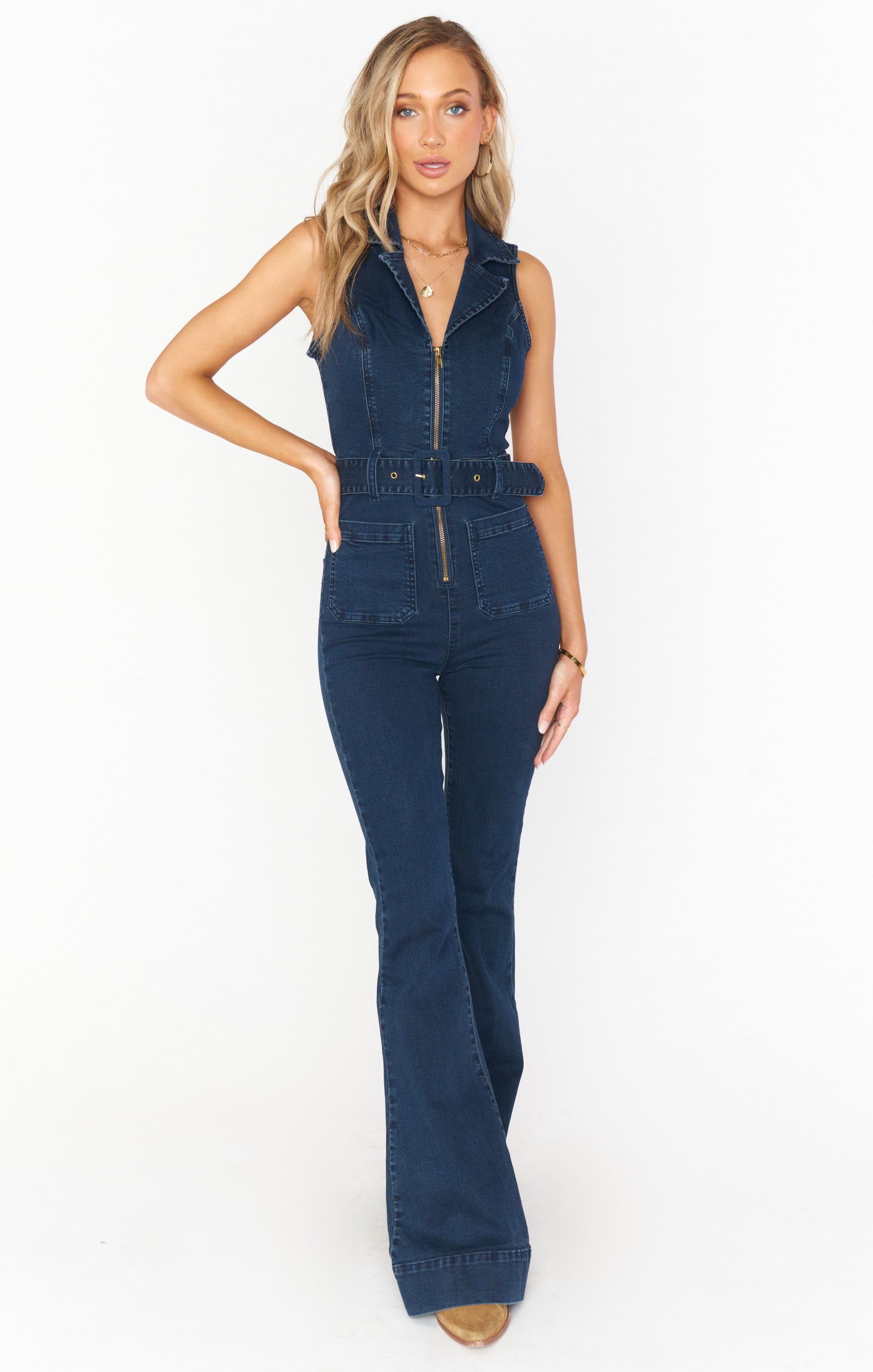 Retro Denim Jumpsuit with Belted Waist & Wide Leg | Thunder