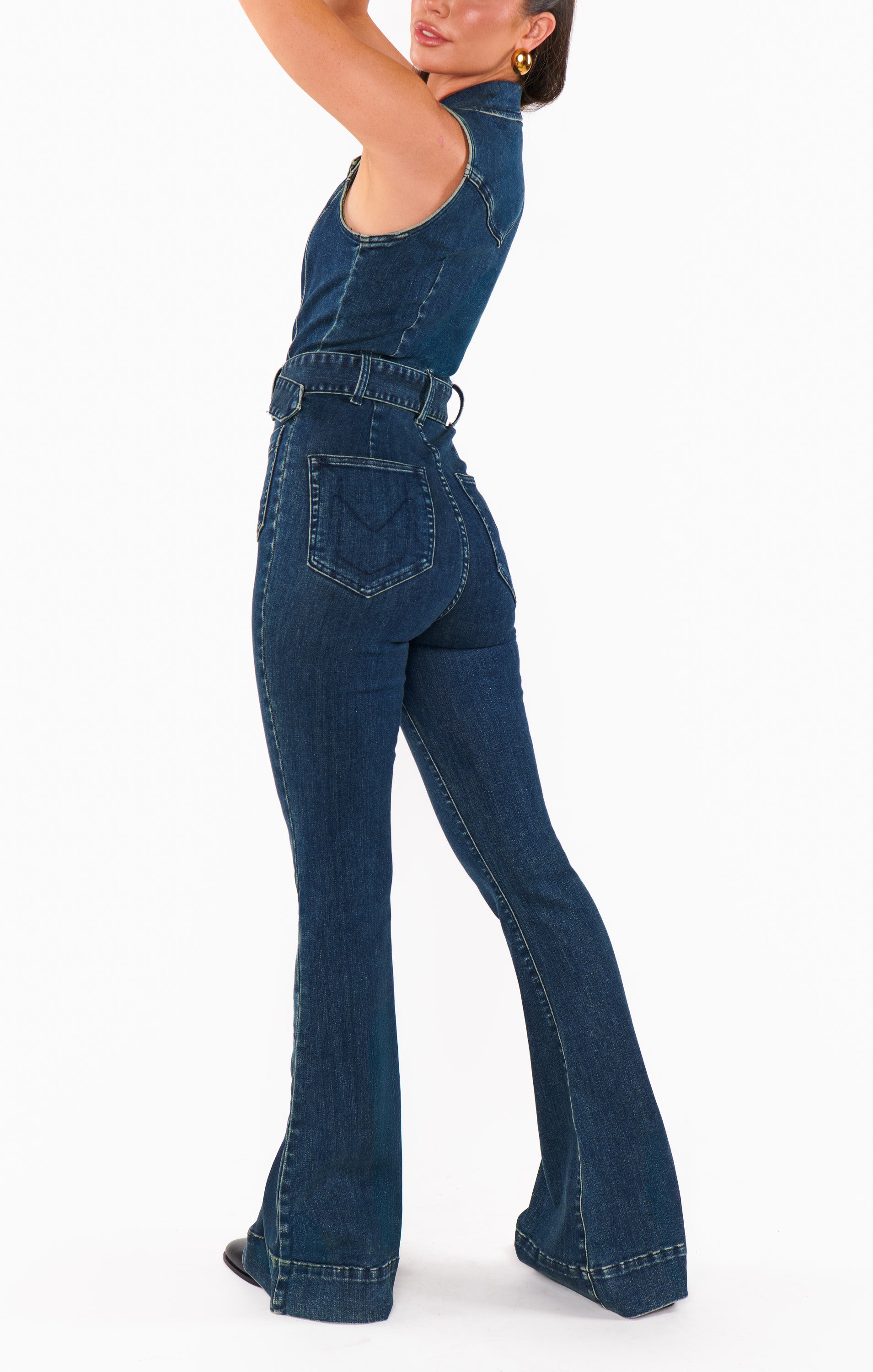 Retro Denim Jumpsuit with Belted Waist & Wide Leg | Thunder