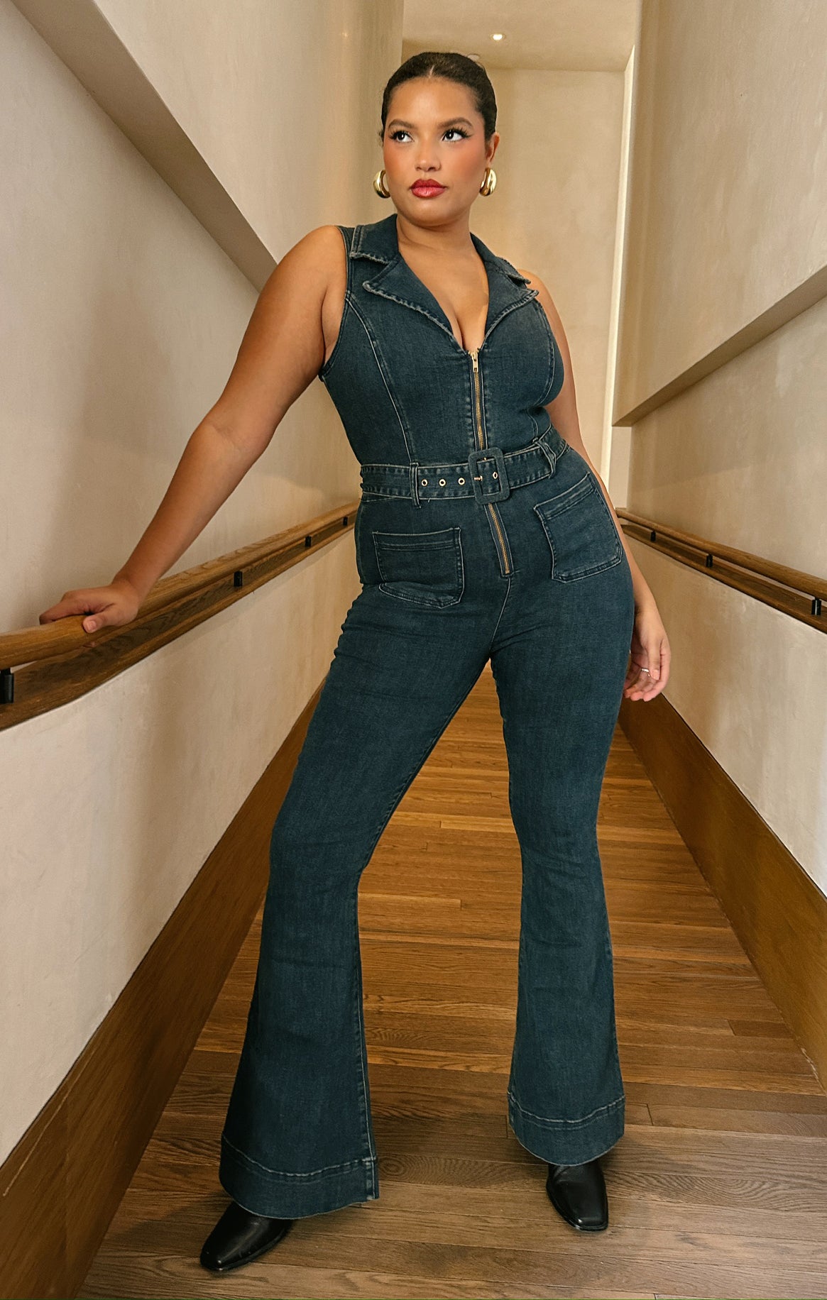 Retro Denim Jumpsuit with Belted Waist & Wide Leg | Thunder