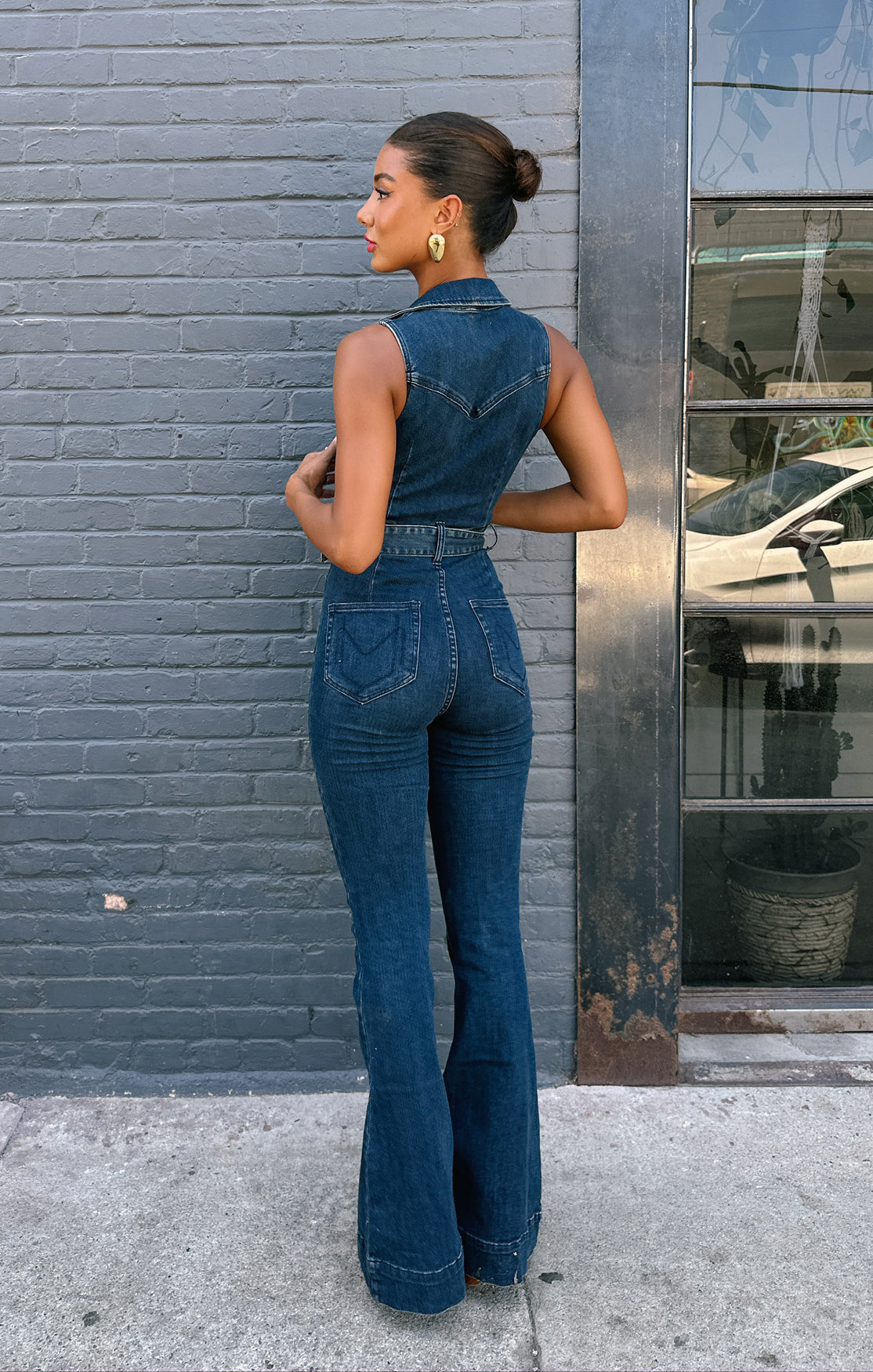 Retro Denim Jumpsuit with Belted Waist & Wide Leg | Thunder