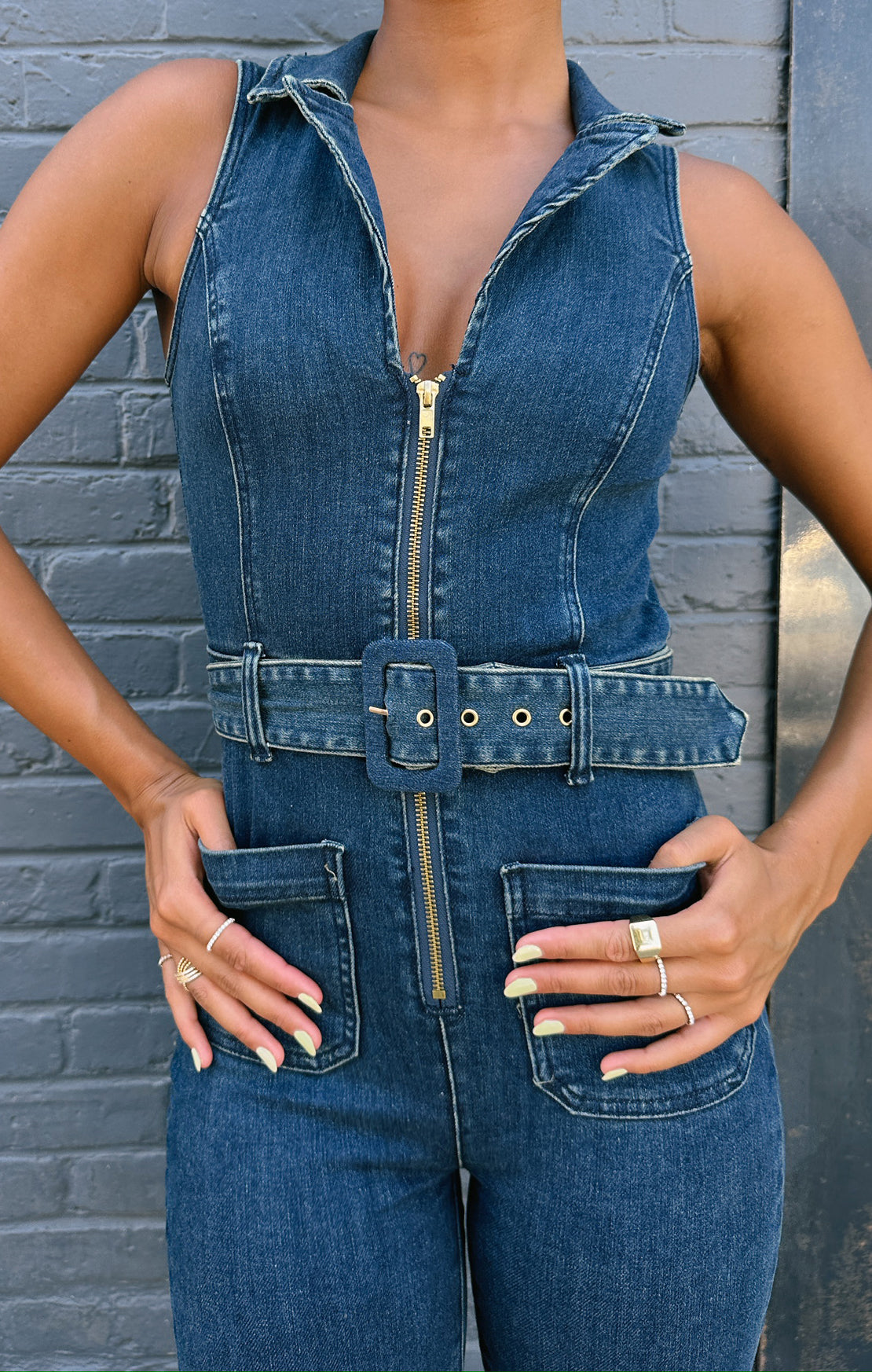 Retro Denim Jumpsuit with Belted Waist & Wide Leg | Thunder