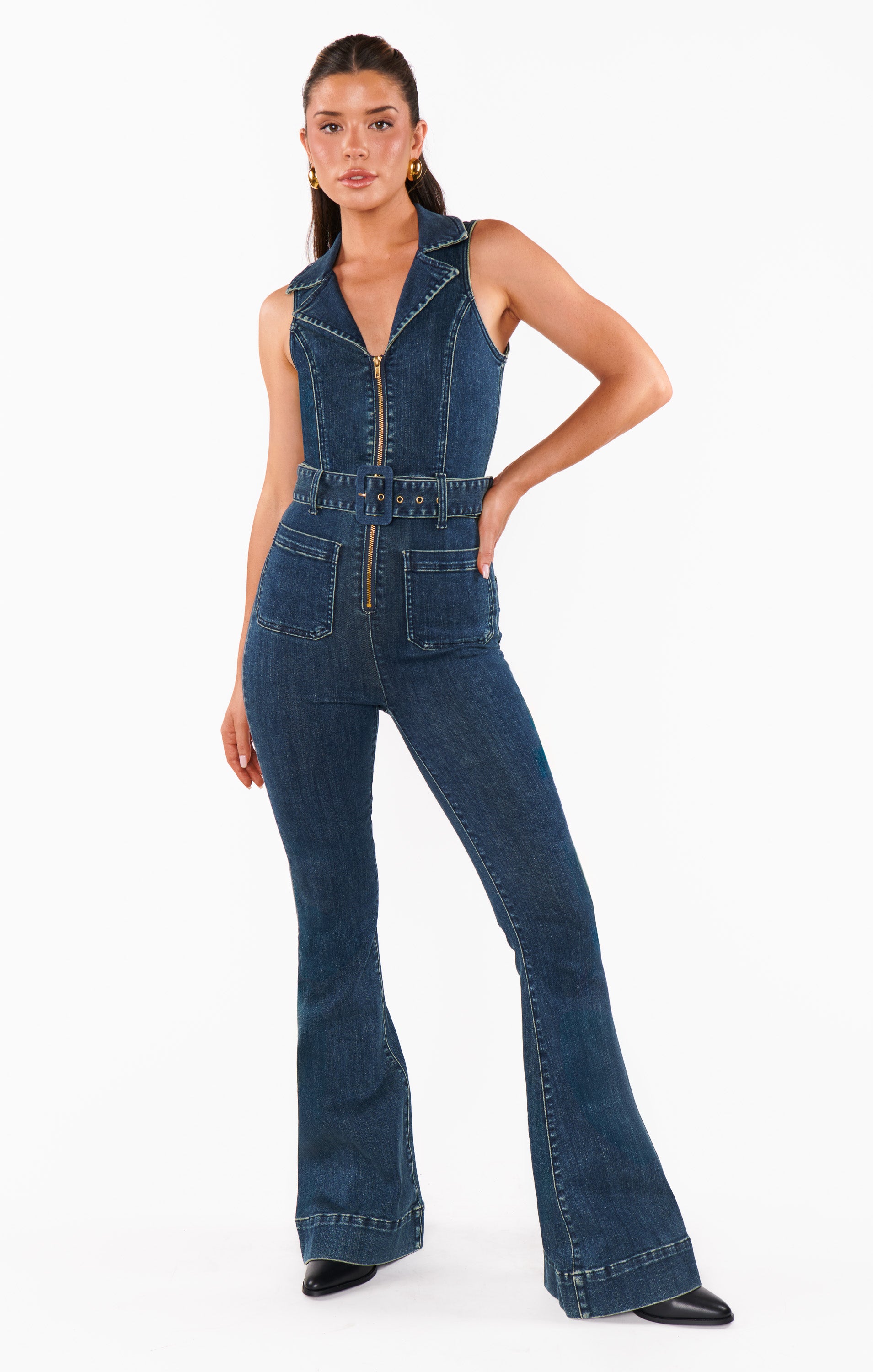 Retro Denim Jumpsuit with Belted Waist & Wide Leg | Thunder